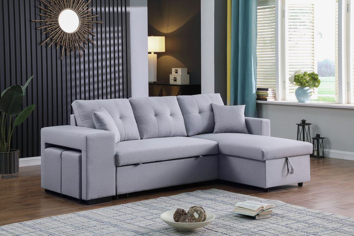 Dennis Light Gray Linen Fabric Reversible Sleeper Sectional with Storage Chaise and 2 Stools