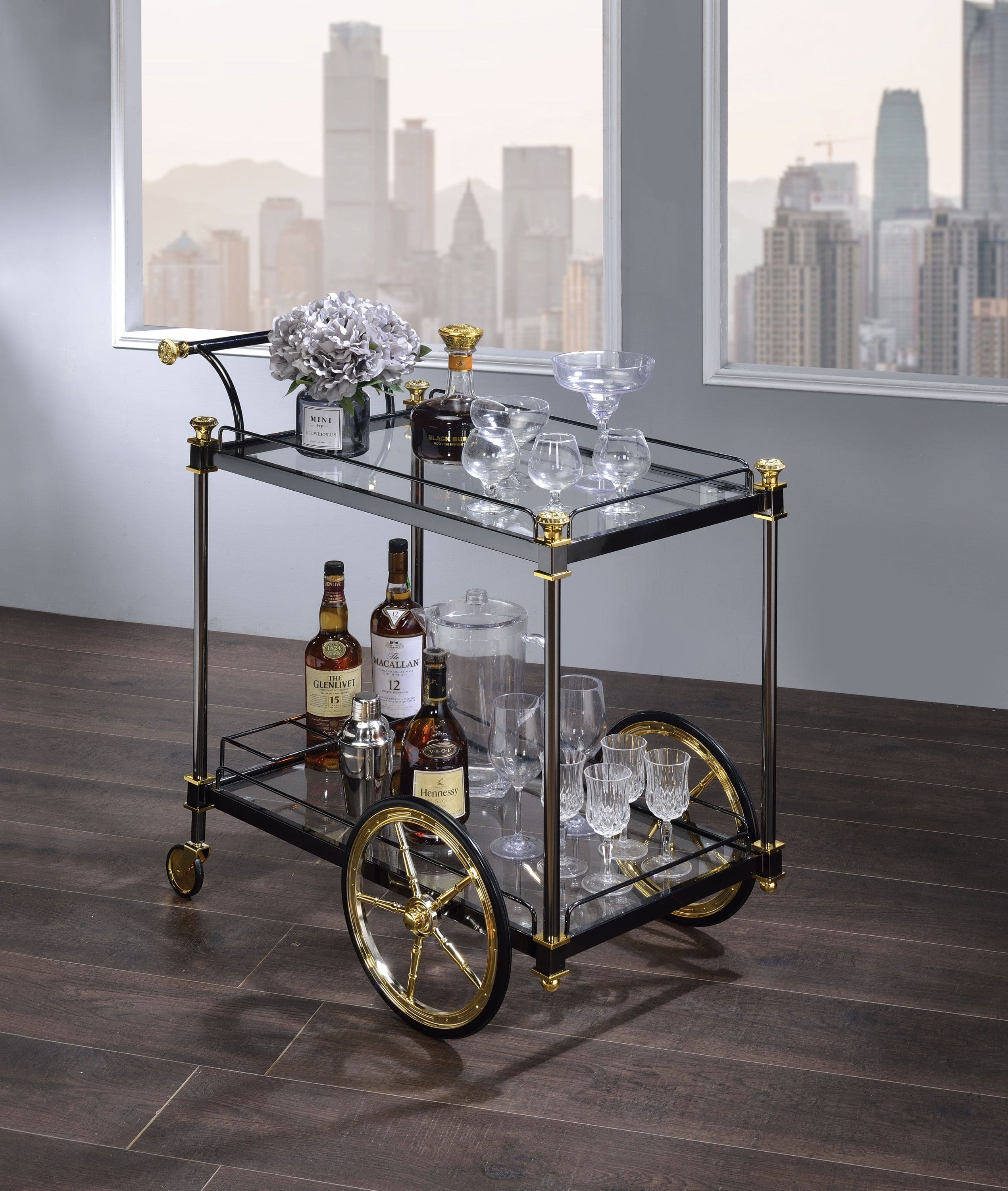 ACME Cyrus Serving Cart, Black/Gold & Clear Glass 98370