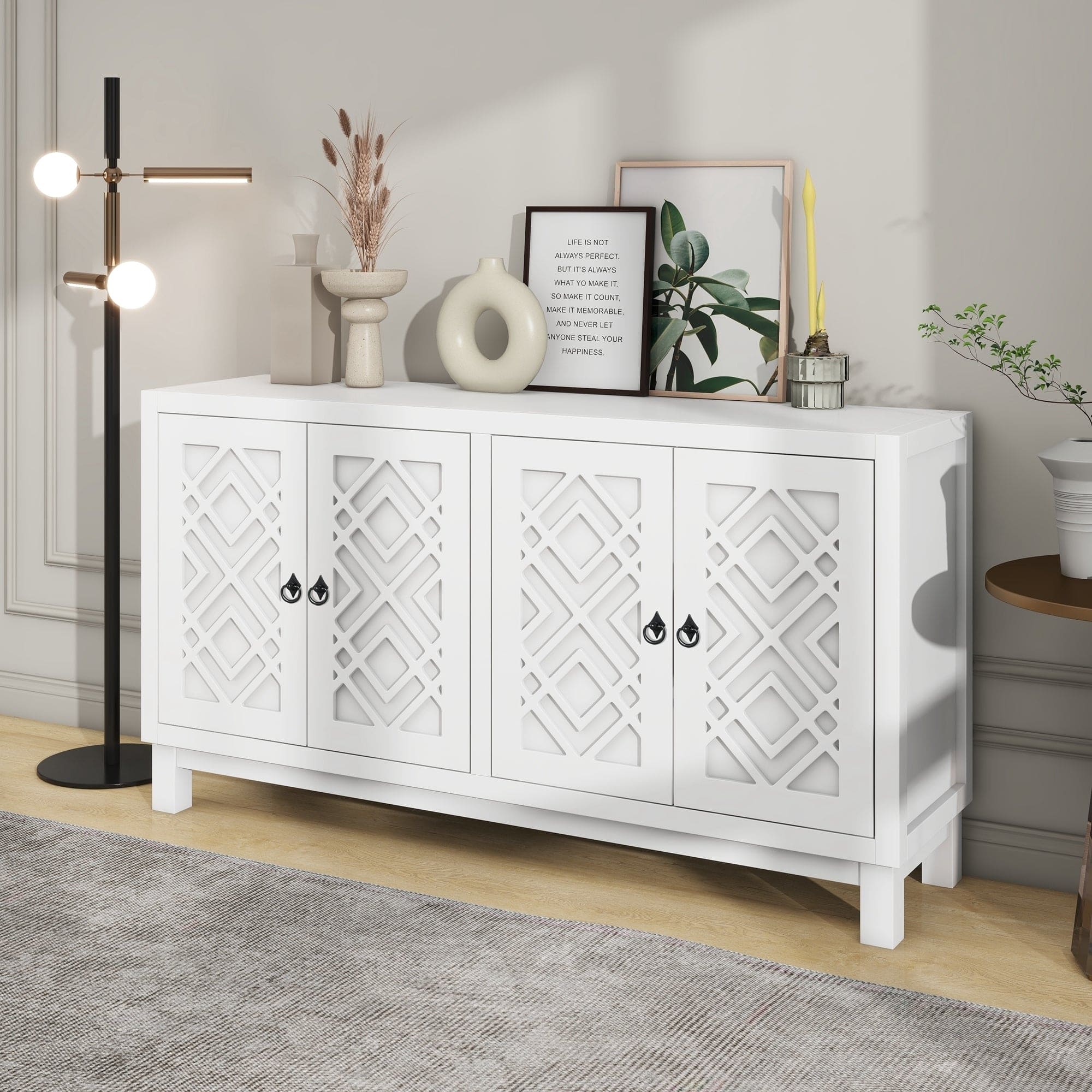 TREXM Large Storage Space Sideboard, 4 Door Buffet Cabinet with Pull Ring Handles for Living Room, Dining Room (White)