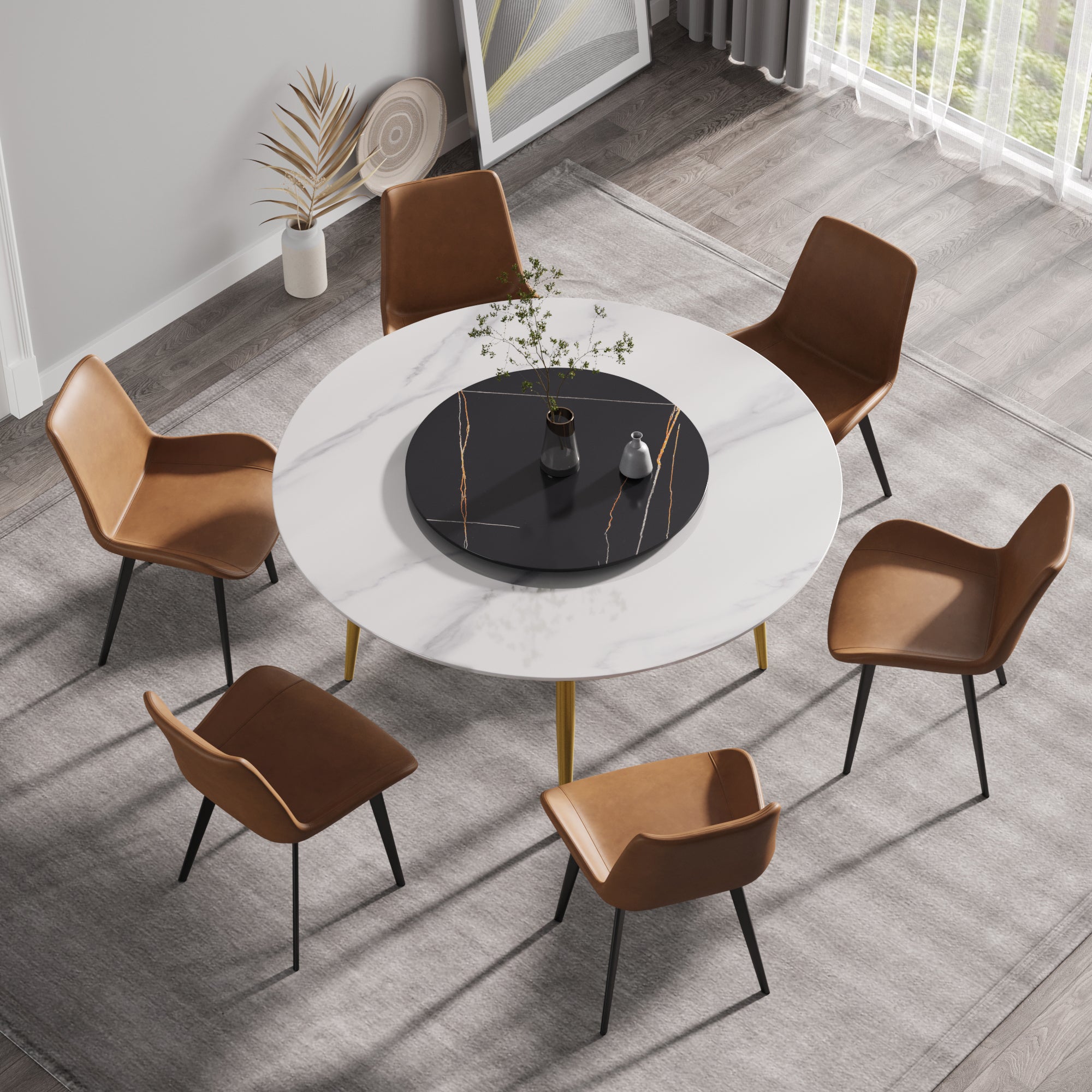 59.05"Modern artificial stone round golden metal dining table-can accommodate 6 people-31.5"black artificial stone turntable