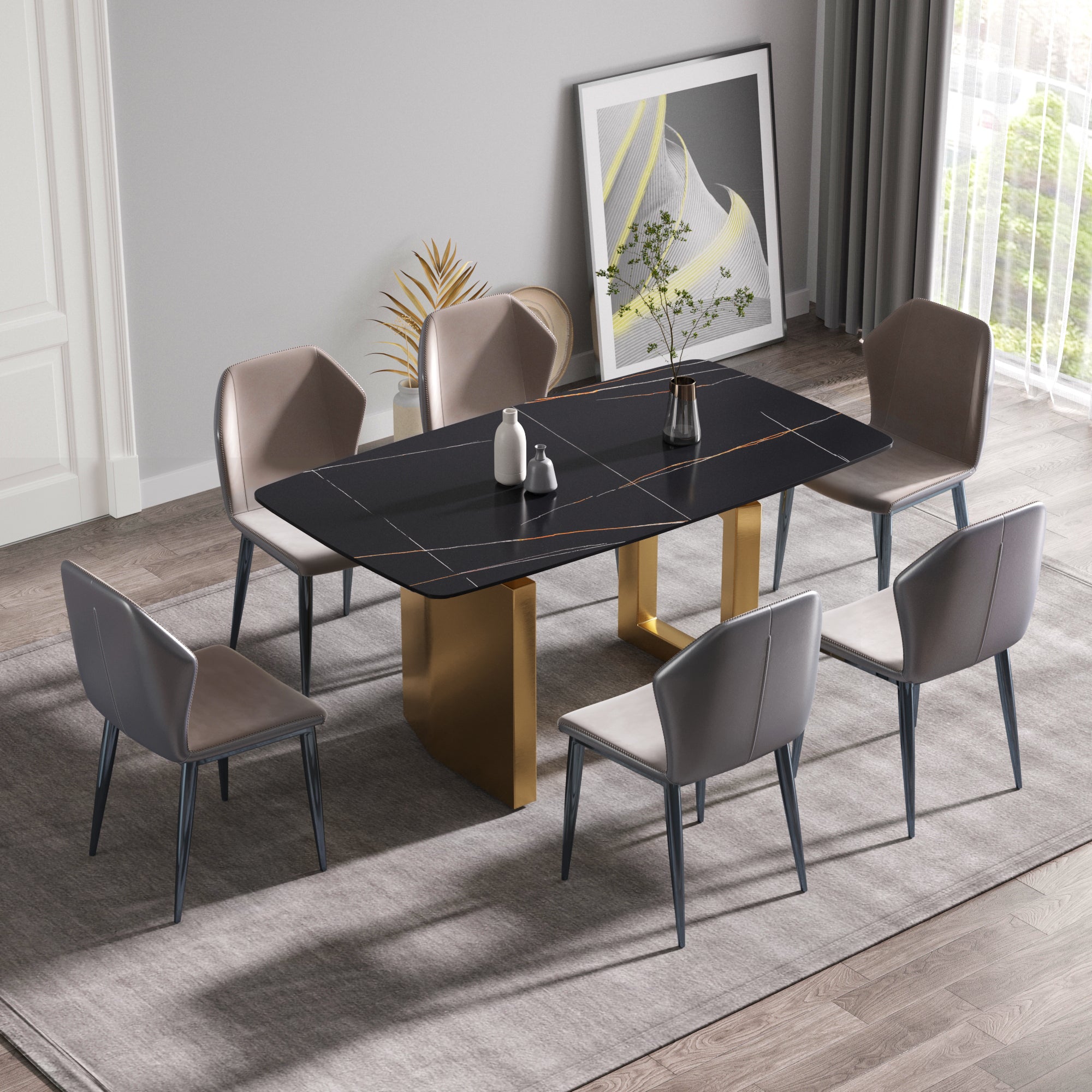 63"Modern artificial stone black curved golden metal leg dining table -6 people