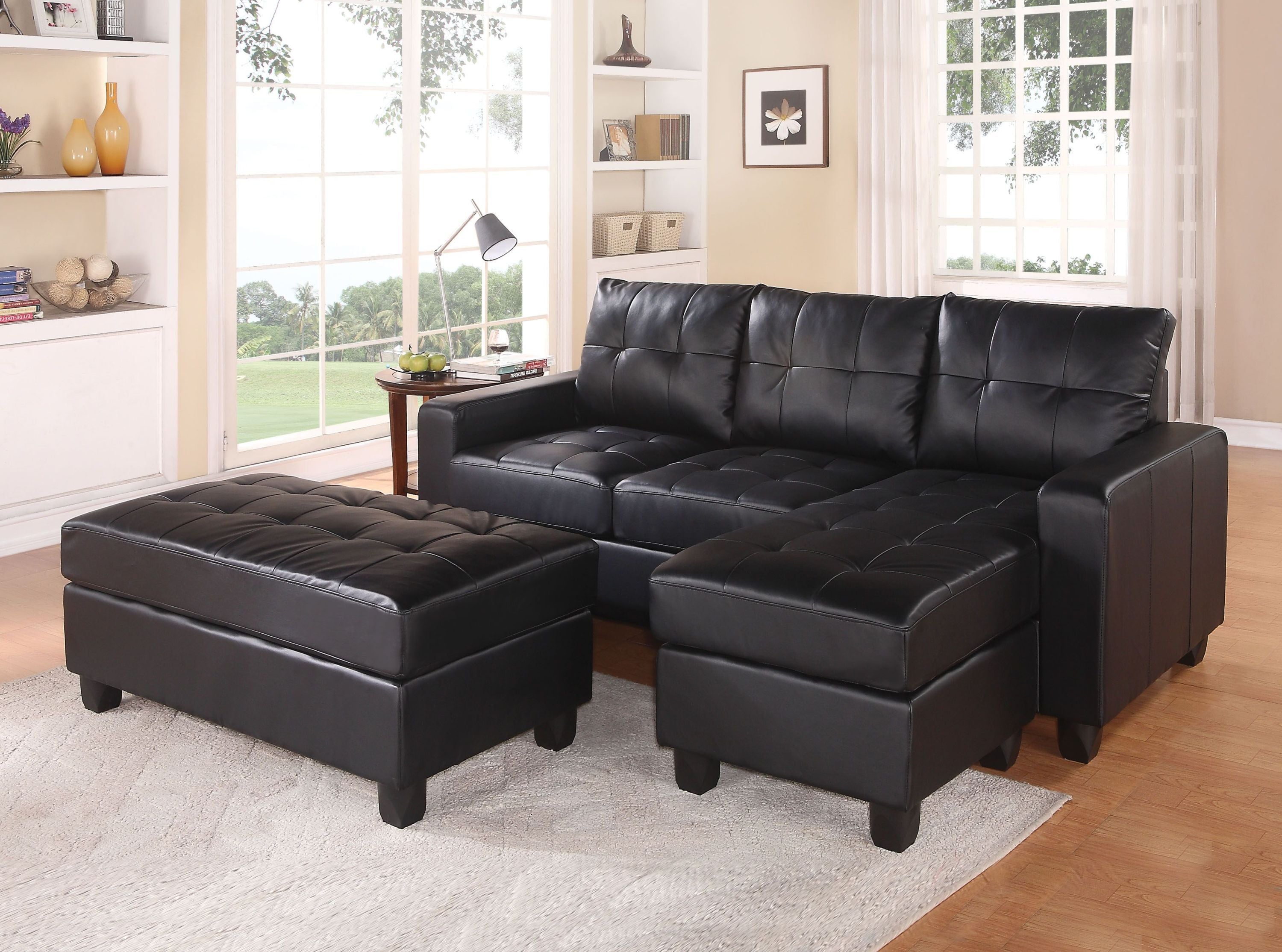 ACME Lyssa Sectional Sofa & Ottoman in Black Bonded Leather Match 51215