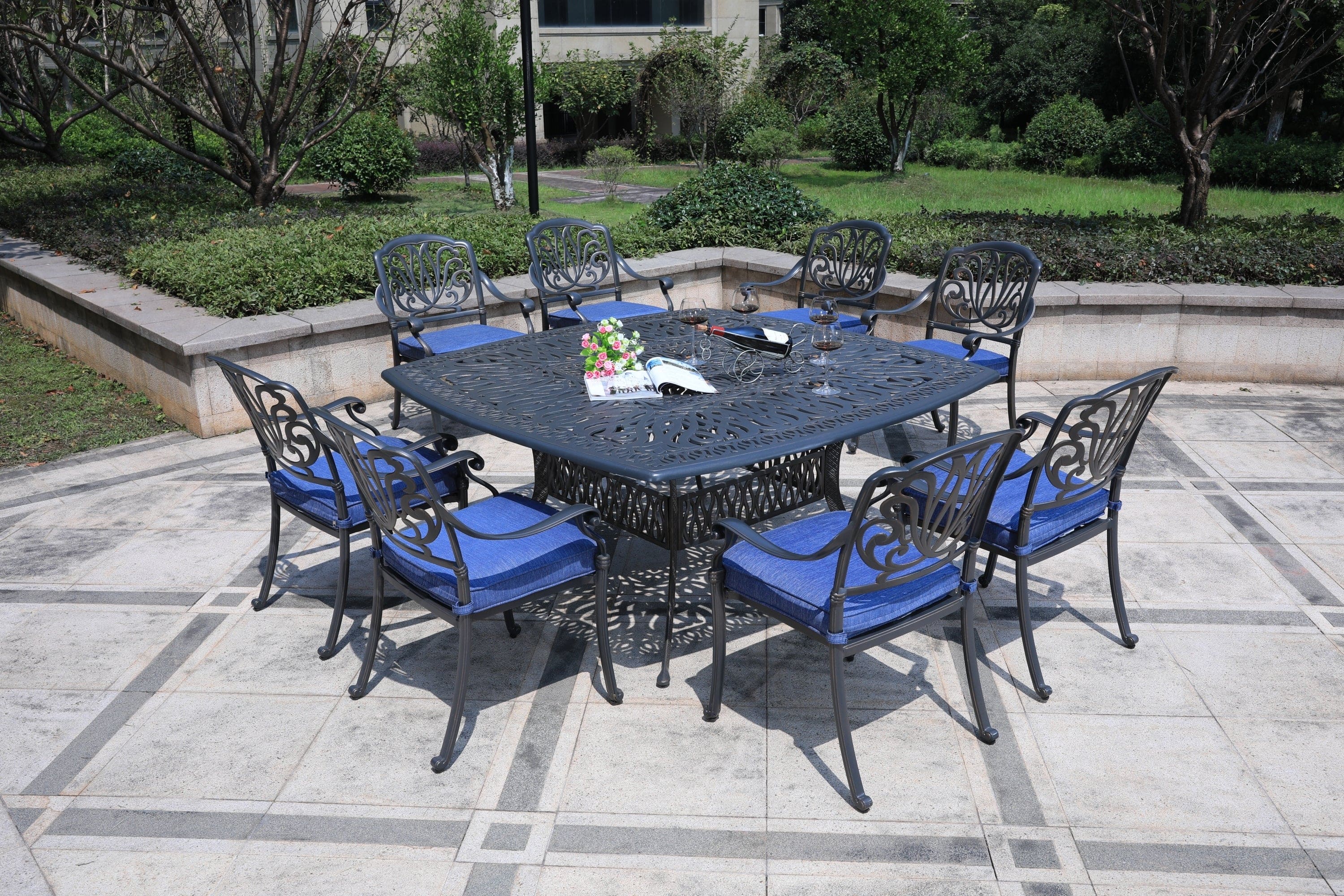 Square 8 - Person 64" Long Aluminum Dining Set with Cushions