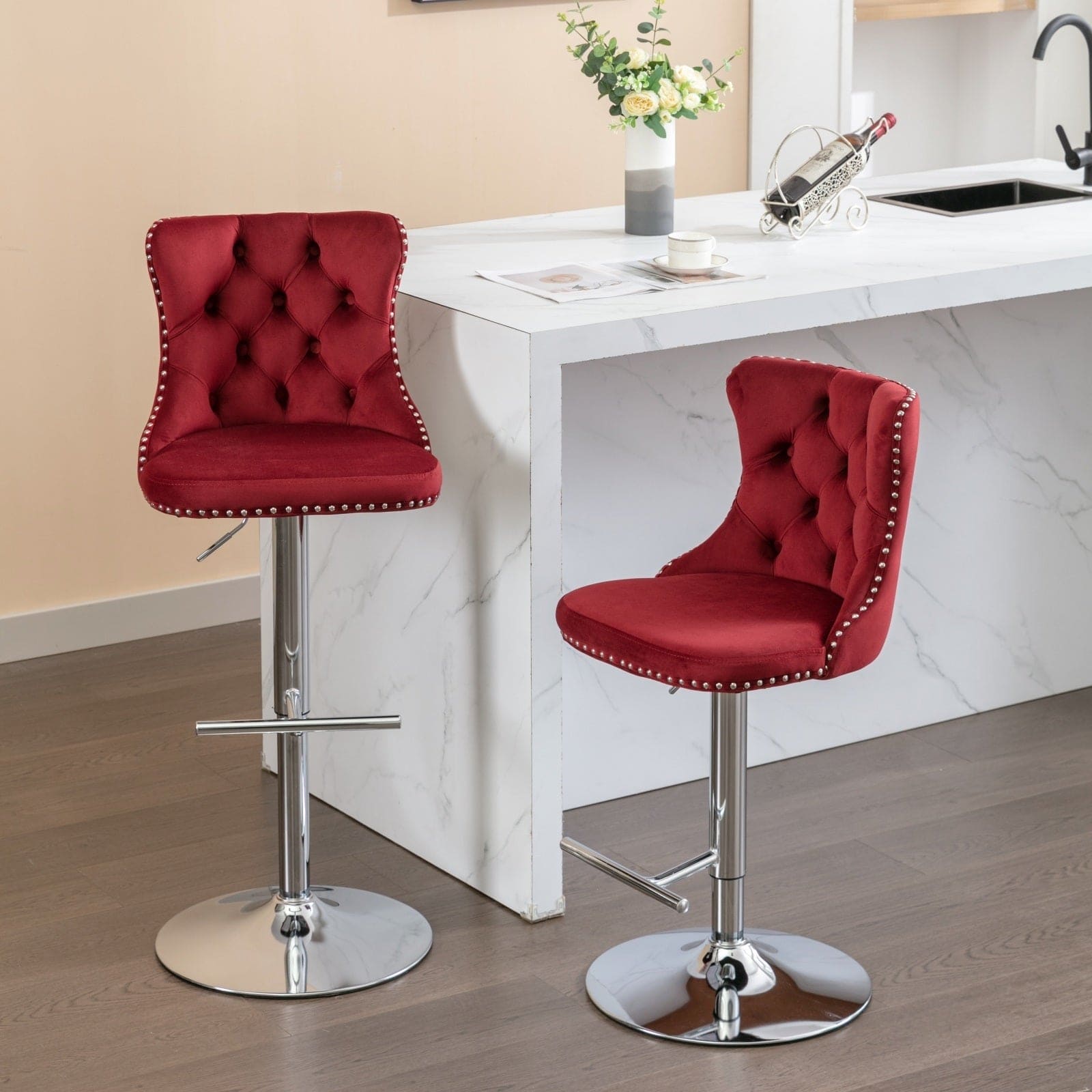 Swivel Velvet Barstools Adjusatble Seat Height from 25-33 Inch, Chrome base Bar Stools with Backs Comfortable Tufted for Home Pub and Kitchen Island, Wine Red,Burgundy,Set of 2,1712WR