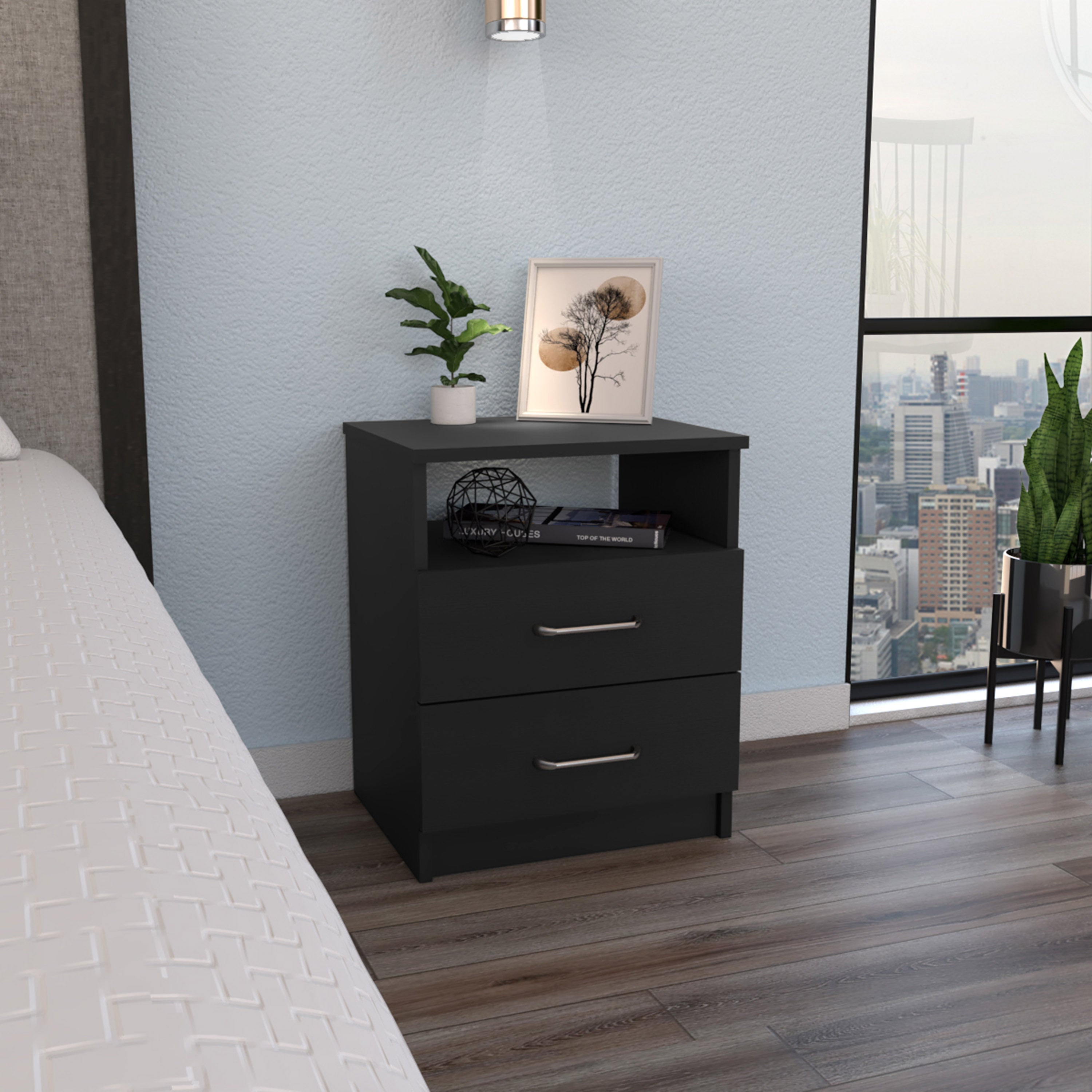 Napoles Nightstand, Superior Top, Two Drawers, One Shelf -Black