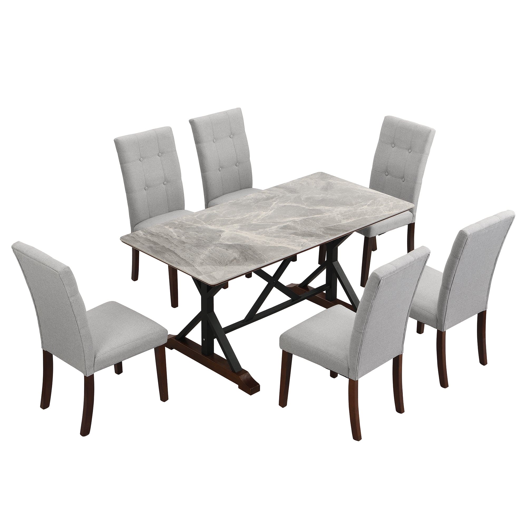 7-piece Modern Dining Table Set, Gray Sintered Stone Dining Table with 6 Tufted Upholstered Chairs, 63-inch Rectangle Dining Table for Dining Room