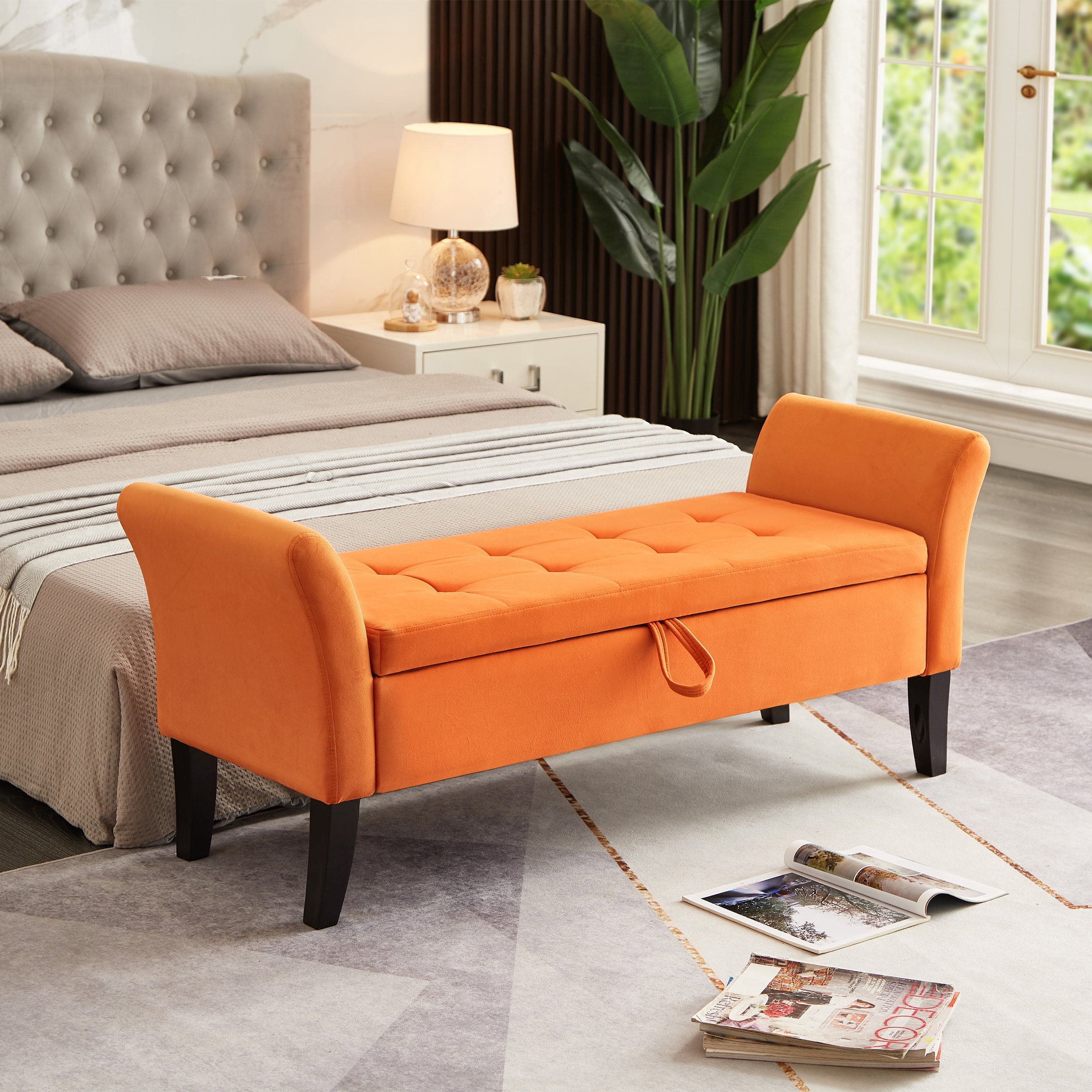 51.5" Bed Bench with Storage Orange Velvet