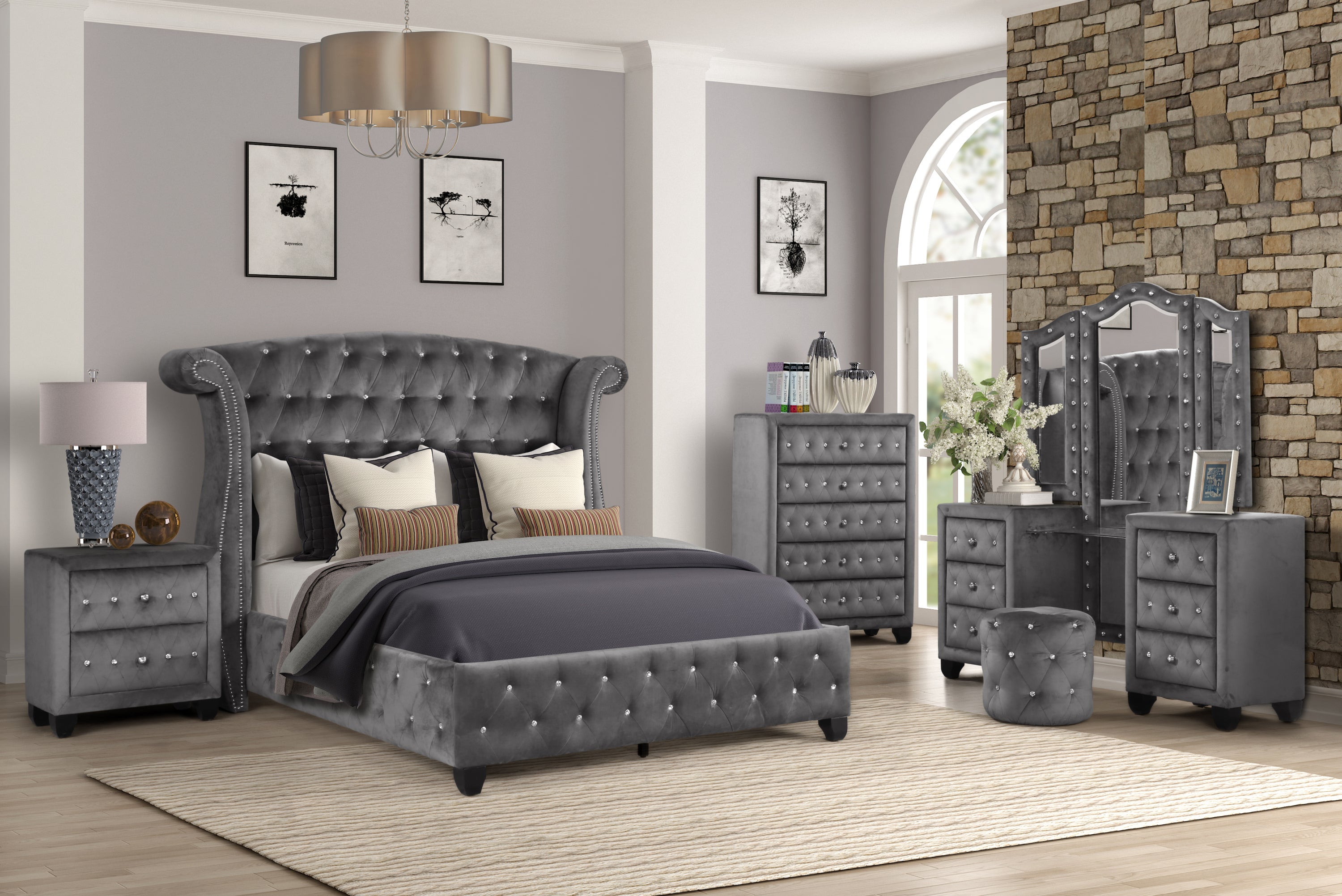 Sophia Full 5 Pc Vanity Upholstery Bedroom Set Made With Wood in Gray