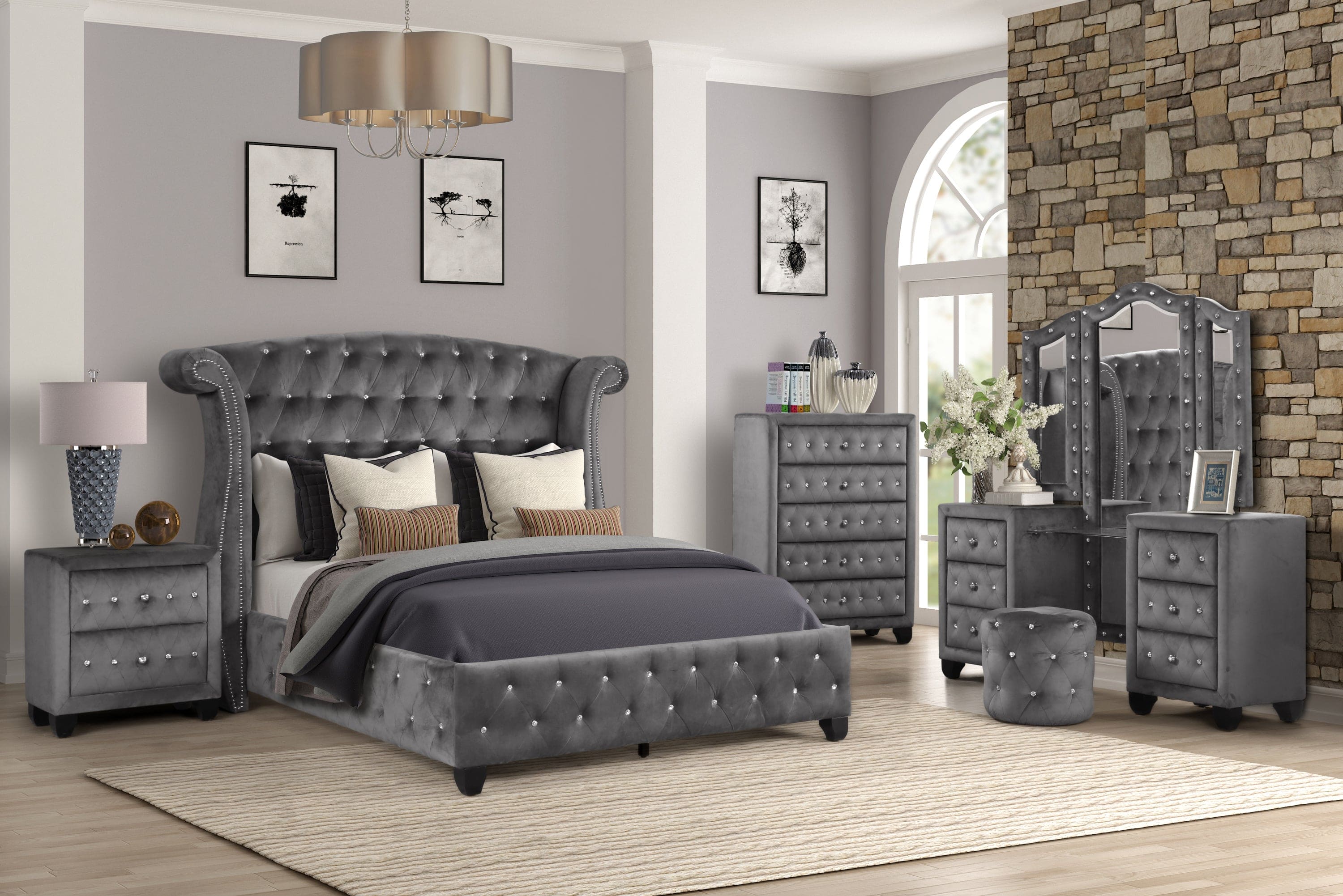 Sophia Queen 5 Pc Vanity Upholstery Bedroom Set Made With Wood in Gray