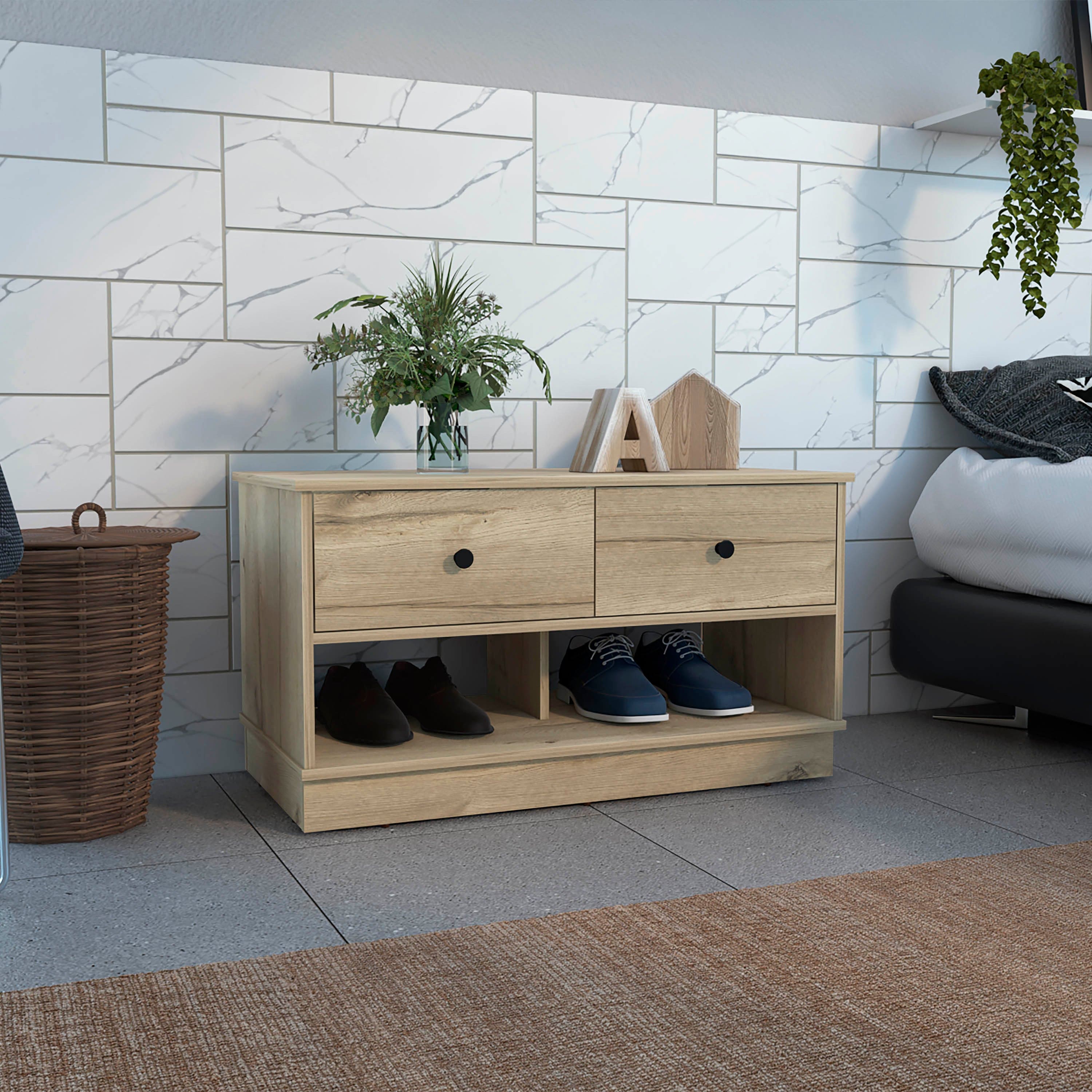 Hamilton Storage Bench, Two Open Shelves, Two Drawers -Light Oak