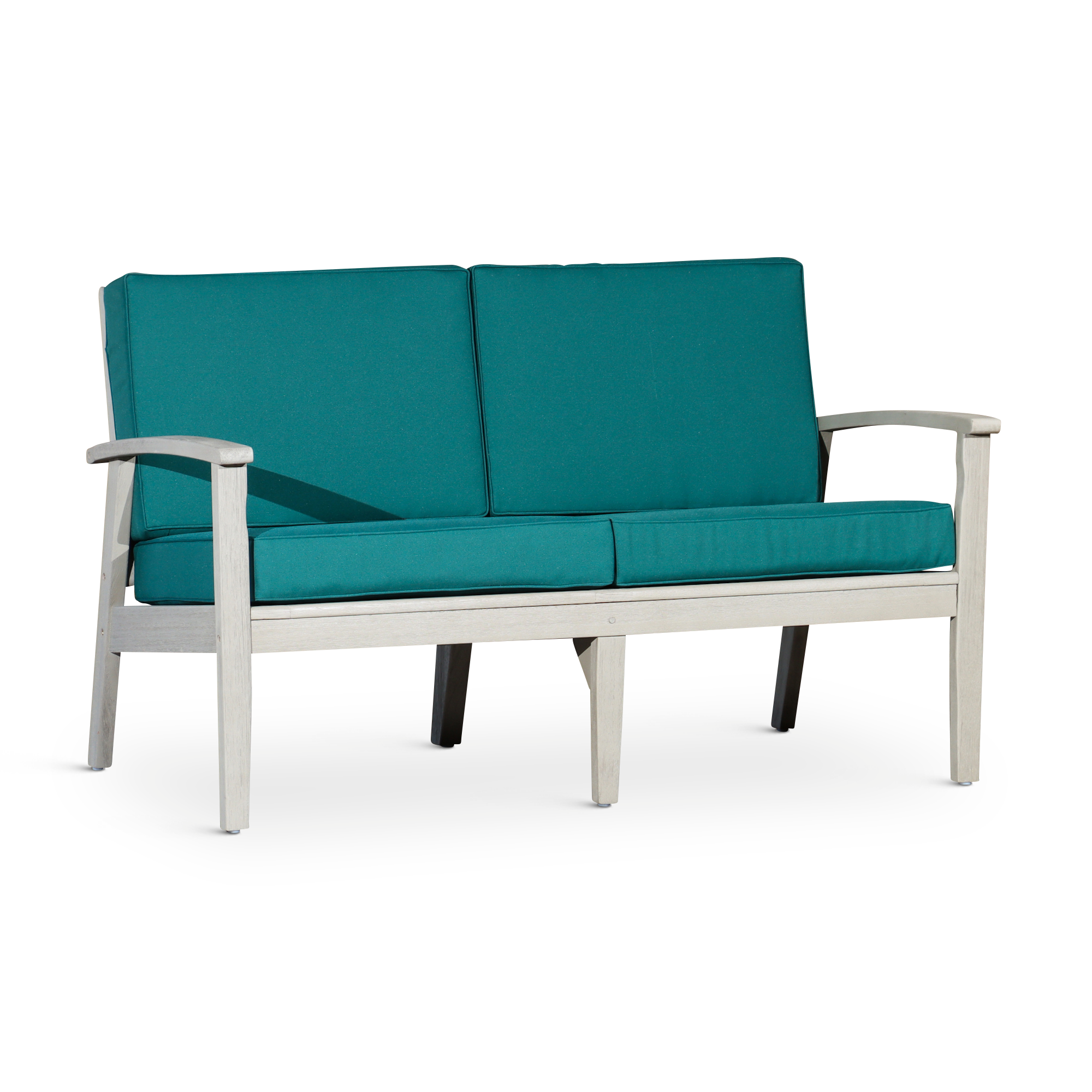 Eucalyptus Loveseat with Cushions, Driftwood Gray Finish, Dark Green Cushions