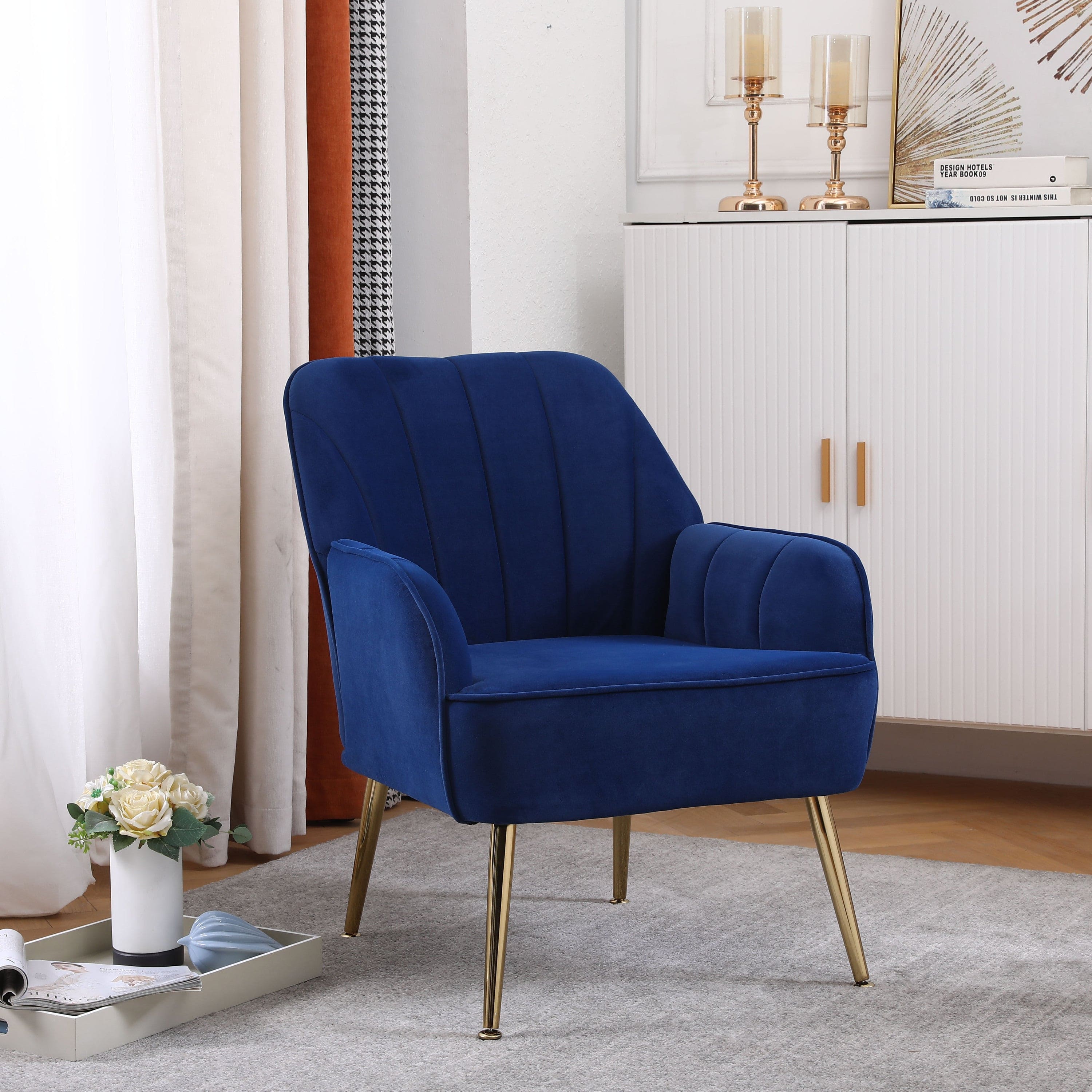 Modern Mid Century Chair velvet  Sherpa Armchair for Living Room Bedroom Office Easy Assemble(NAVY)