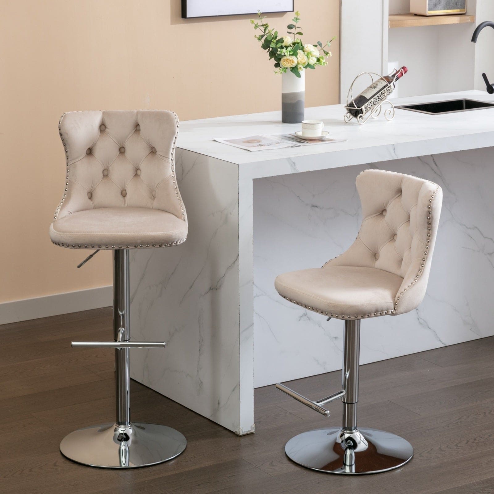 Swivel Velvet Barstools  Beige,Set of 2