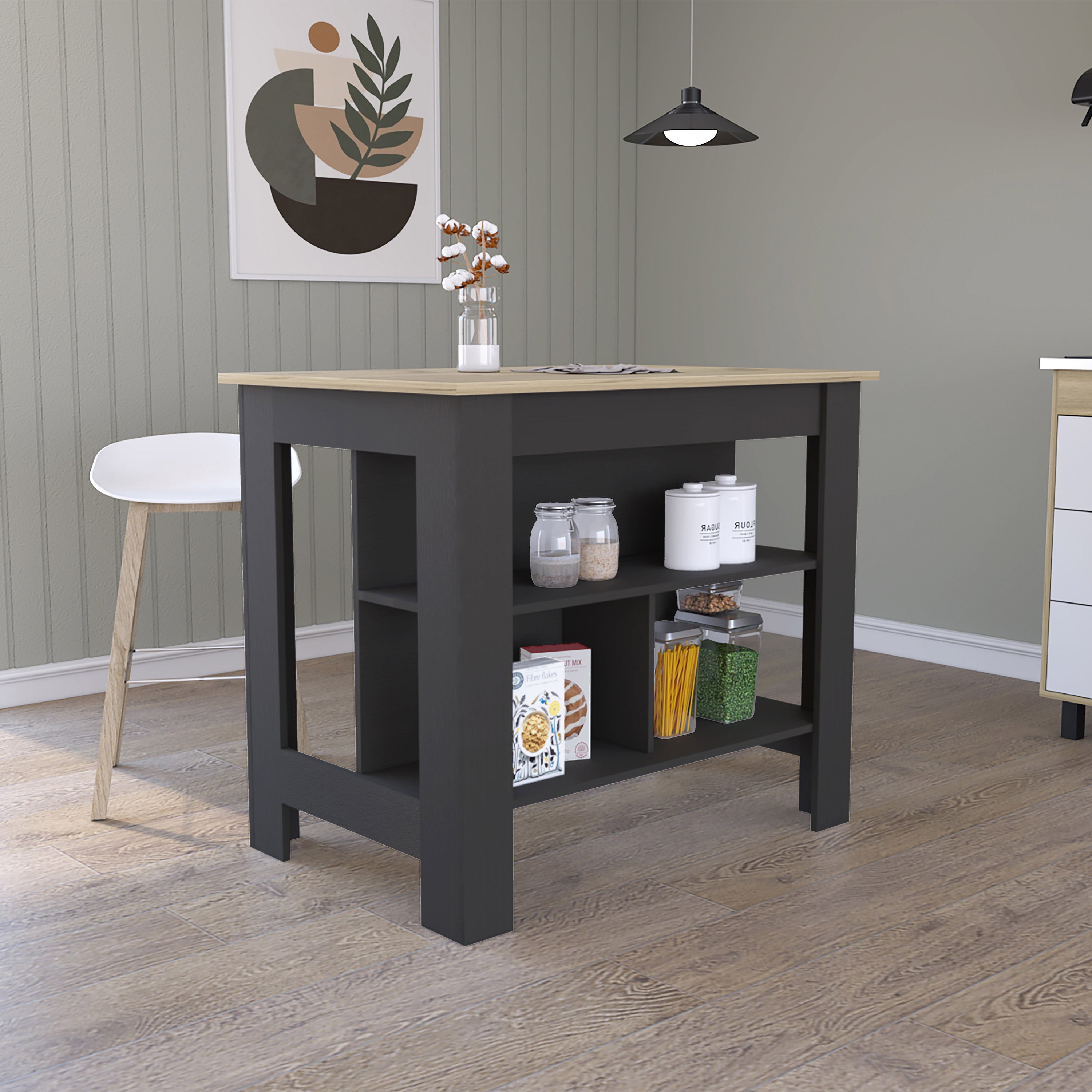 Cala Kitchen Island, Four Legs, Three Shelves  -Black / Light Oak