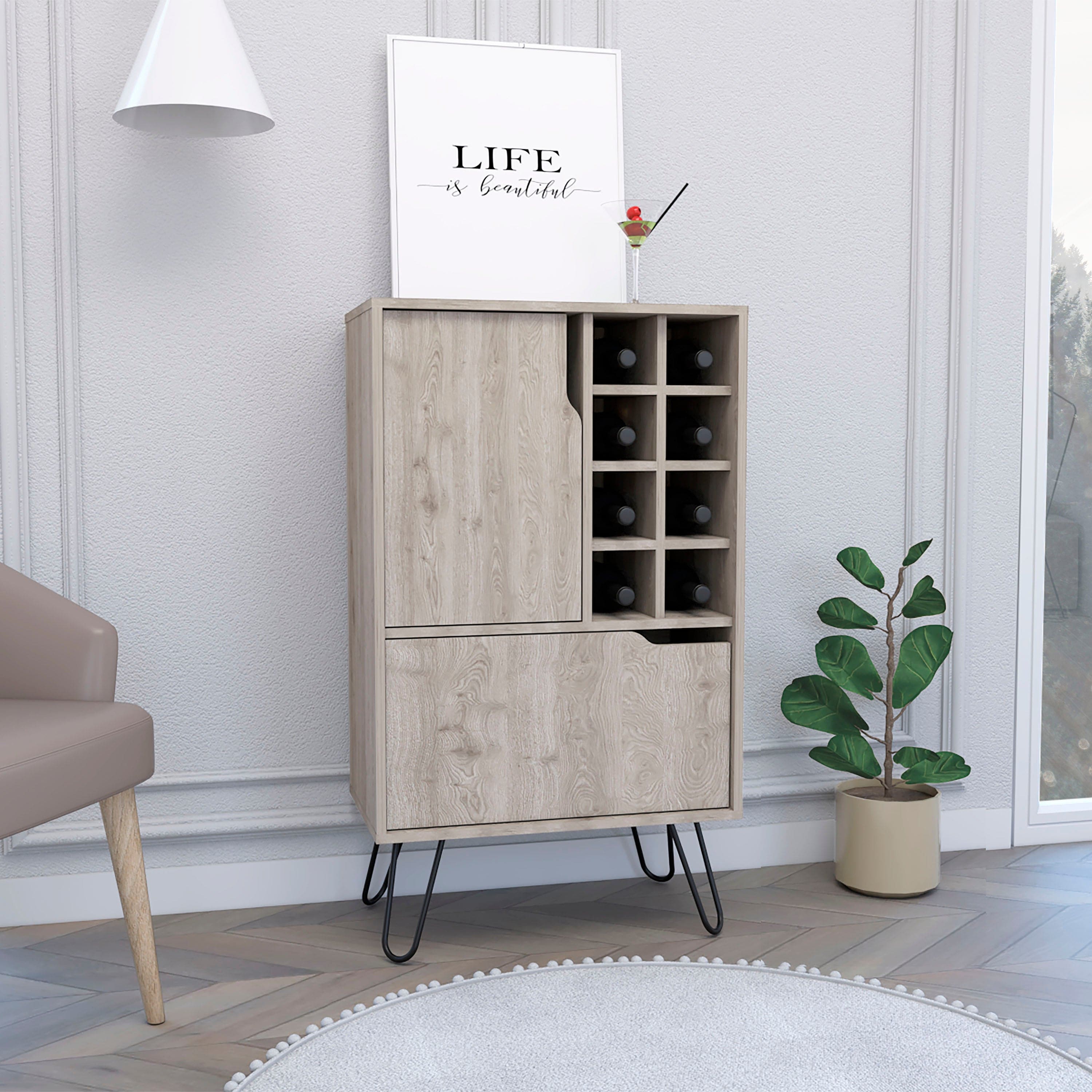 L Bar Cabinet Silhill, Eight Wine Cubbies, Two Cabinets With Single Door, Light Gray Finish