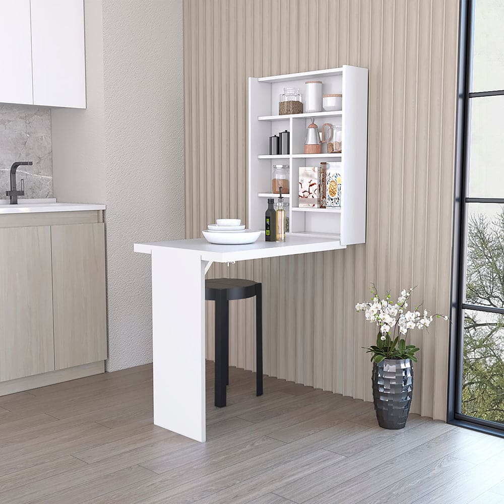 Foldable Table Tacoma, Seven Interior Shelves, White Finish