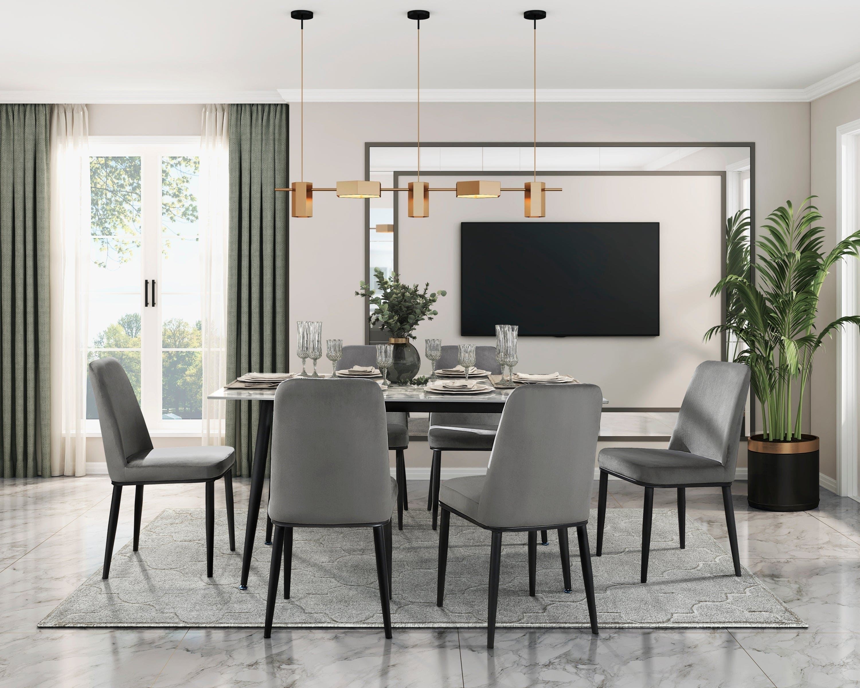 Contemporary Sleek Design Dining Set 7pc Dining Table and Gray velvet Chairs Stunning Sintered Stone Tabletop Metal Frame Dining Furniture