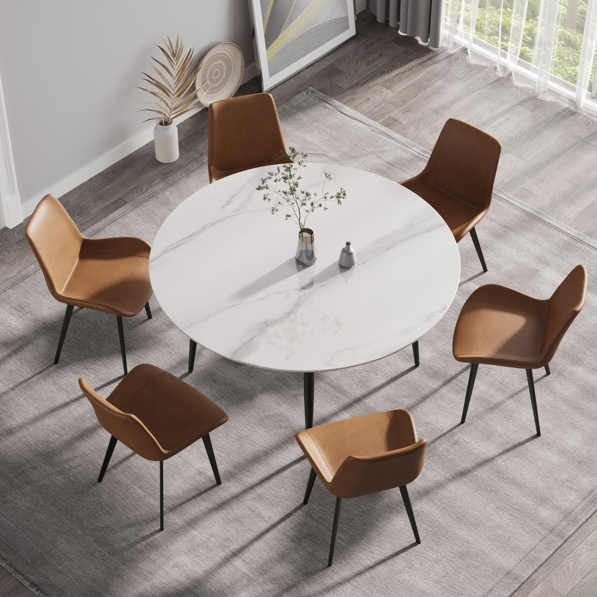 59.05"Modern man-made stone round black metal dining table-position for 6 people