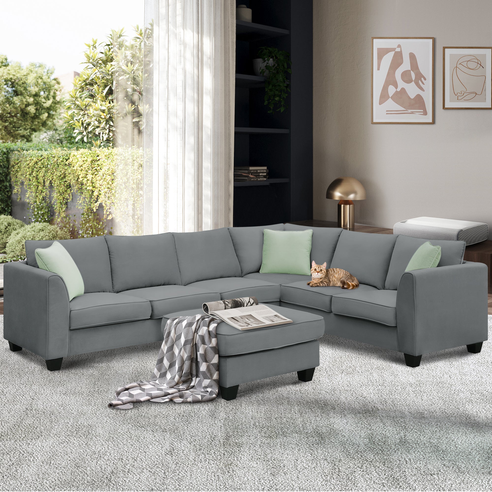 [VIDEO provided] 112*87" Sectional Sofa Couches Living Room Sets, 7 Seats Modular Sectional Sofa with Ottoman, L Shape Fabric Sofa Corner Couch Set with 3 Pillows, Grey(New of GS008210AAG)