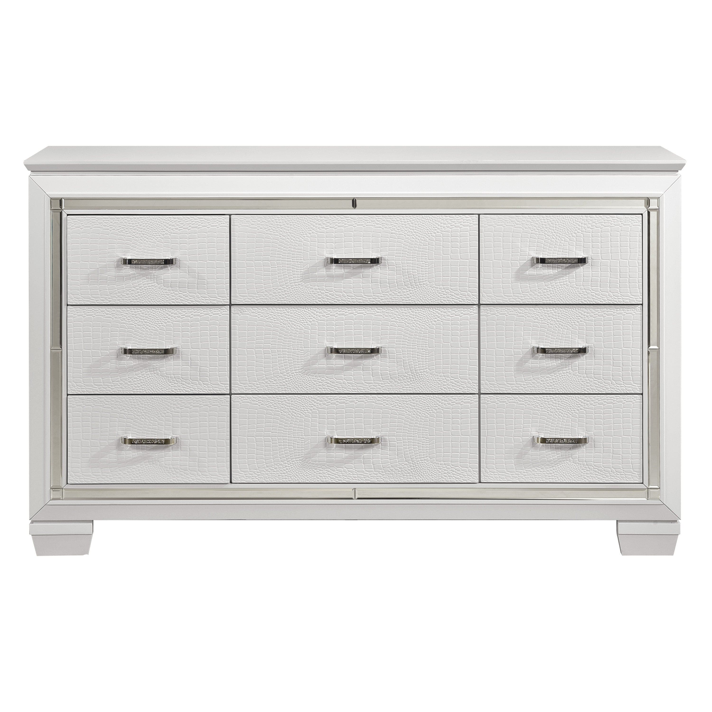 White Finish Dresser Bold Design 9 Drawers Glamorous Faux-Alligator Textured Fronts Wooden Bedroom Furniture