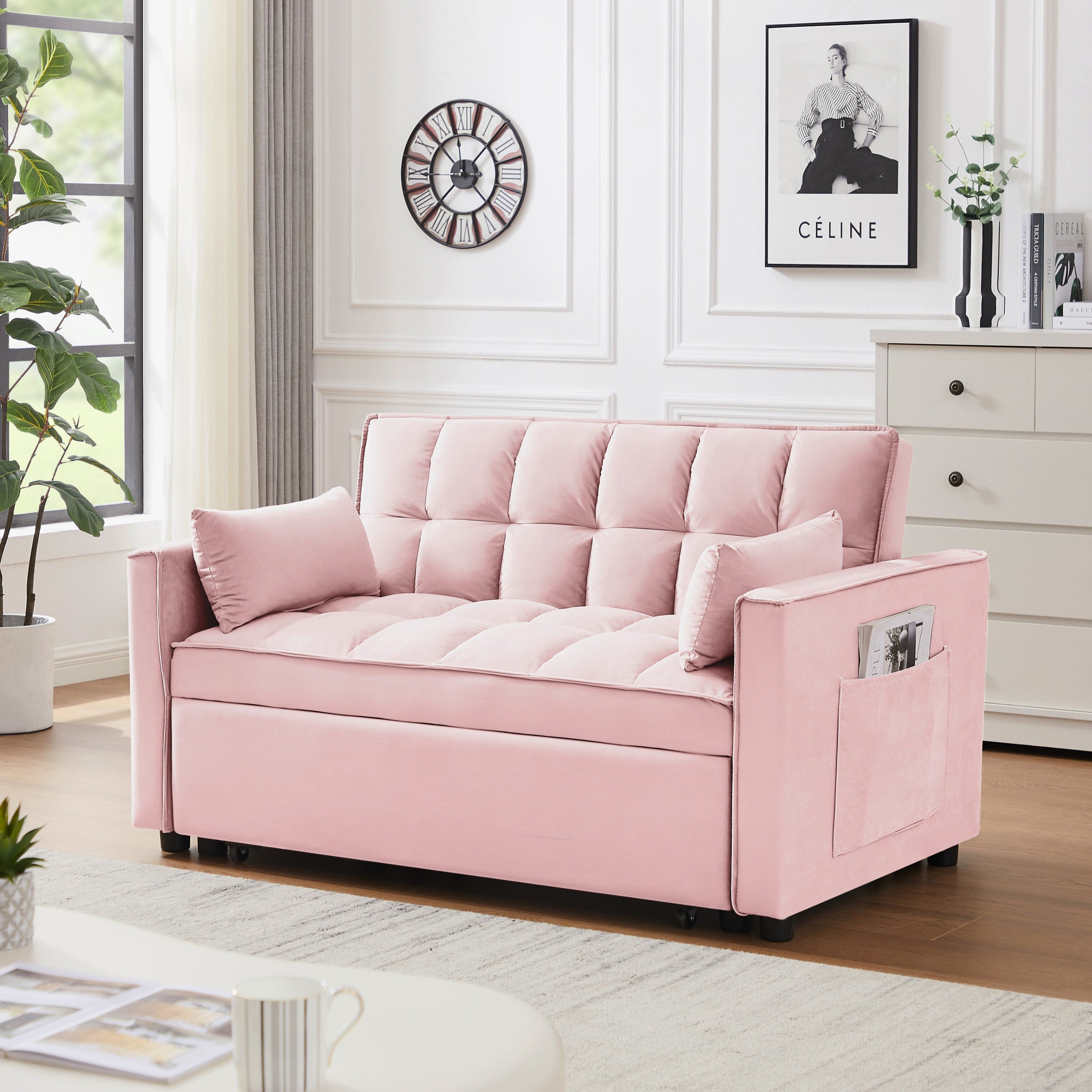 Modern Velvet Loveseat Futon Sofa Couch w/Pullout Bed, Small Love Seat Lounge Sofa w/Reclining Backrest, Toss Pillows, Pockets, Furniture for Living Room,3 in 1 Convertible Sleeper Sofa Bed,  pink