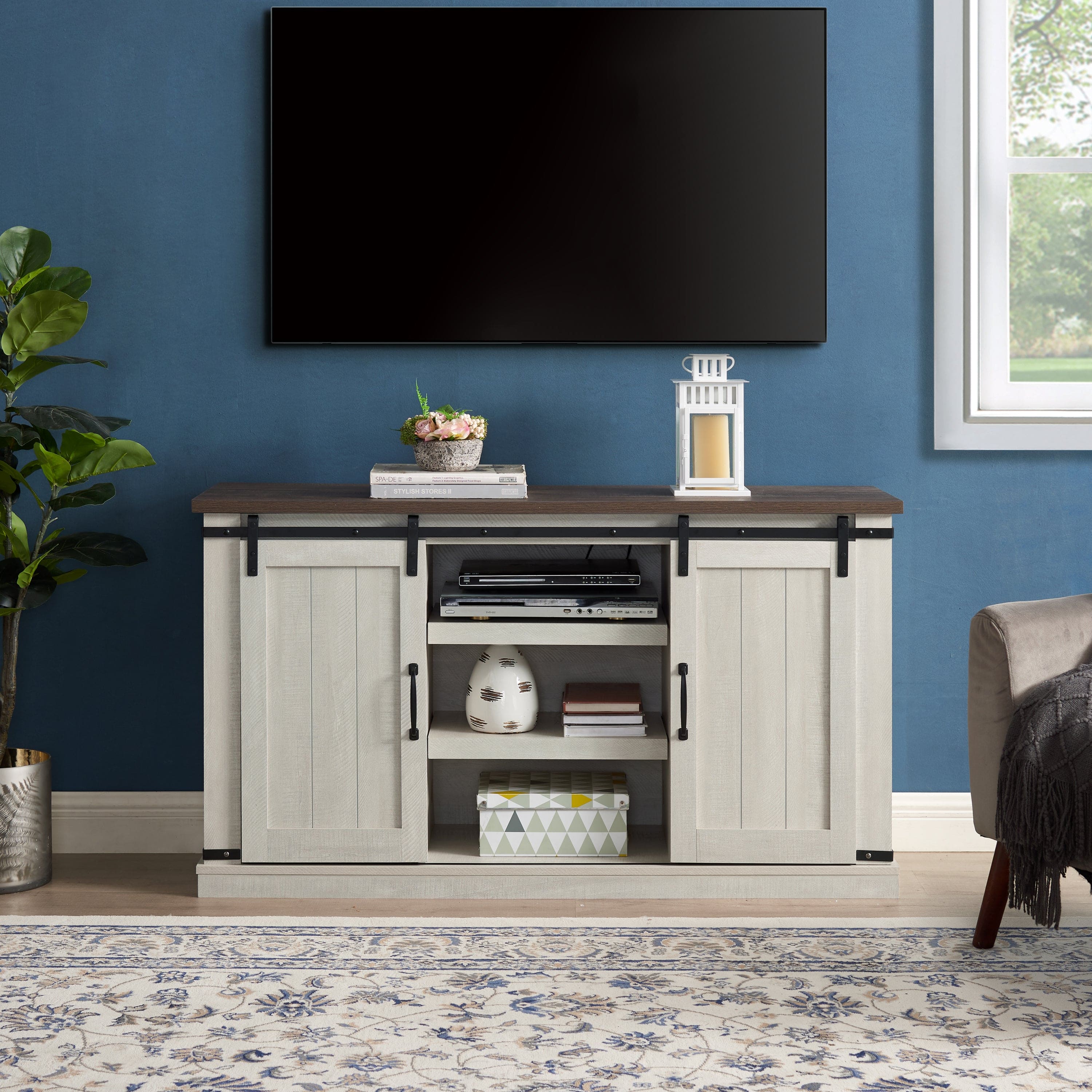 Classic Farmhouse Media TV Stand Transitional Entertainment Console for TV Up to 60" with Sliding Doors and Open Storage Space, Light Gray, 54.5"W*15.75"D*30.5"H