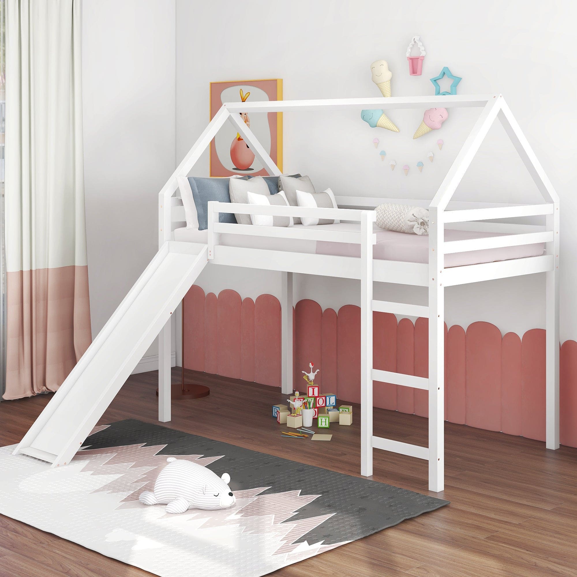 Twin Size Loft Bed with Slide, House Bed with Slide,White(OLD SKU :WF281158AAK)