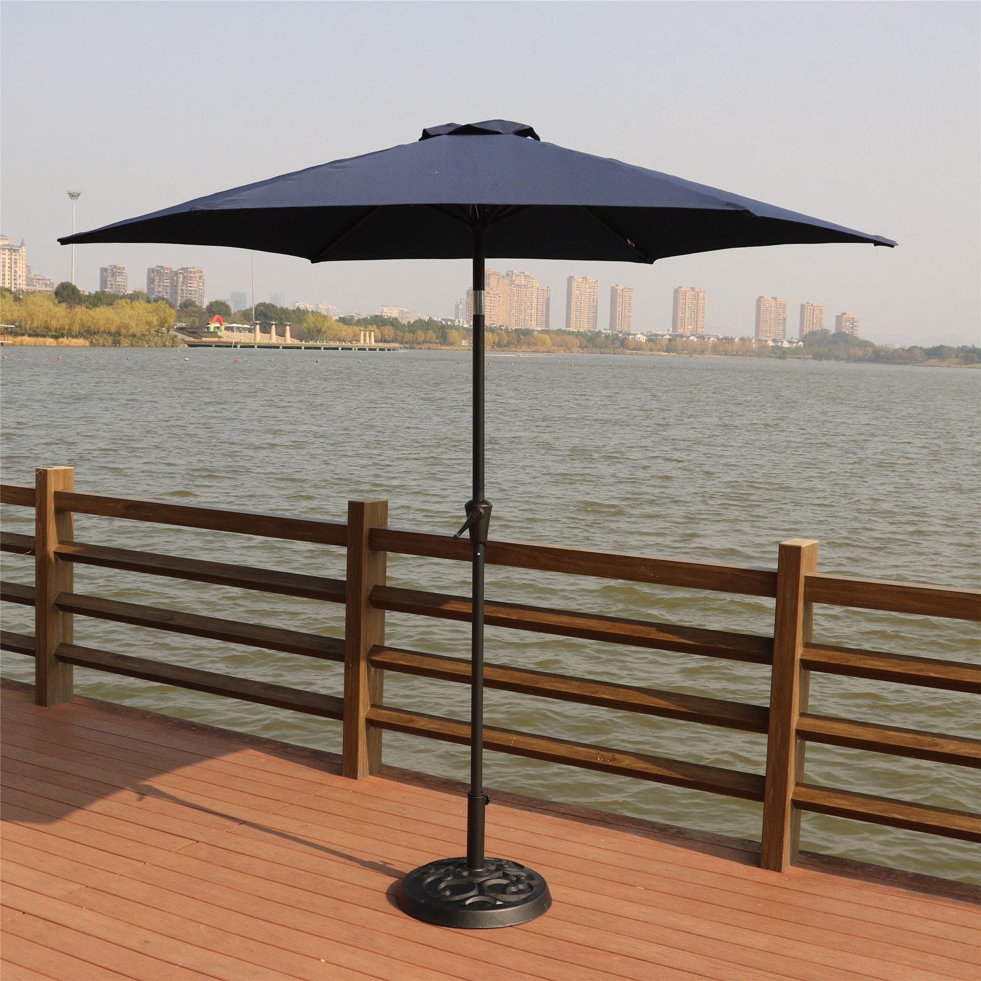 8.8 feet Outdoor Aluminum Patio Umbrella, Patio Umbrella, Market Umbrella with 33 pounds Round Resin Umbrella Base, Push Button Tilt and Crank lift, Navy Blue