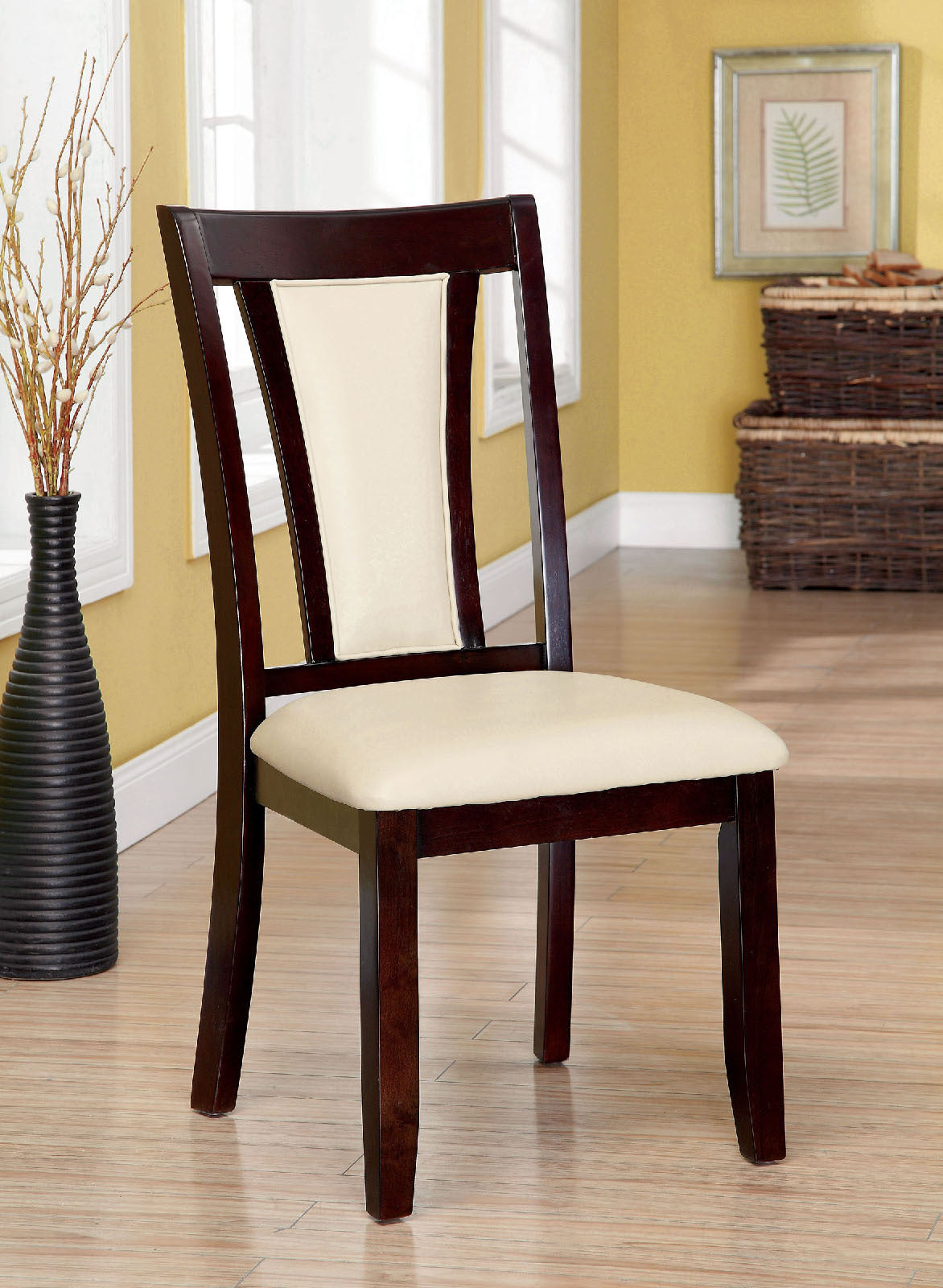 Contemporary Set of 2 Side Chairs Dark Cherry And Ivory Solid wood Chair Padded Leatherette Upholstered Seat Kitchen Dining Room Furniture