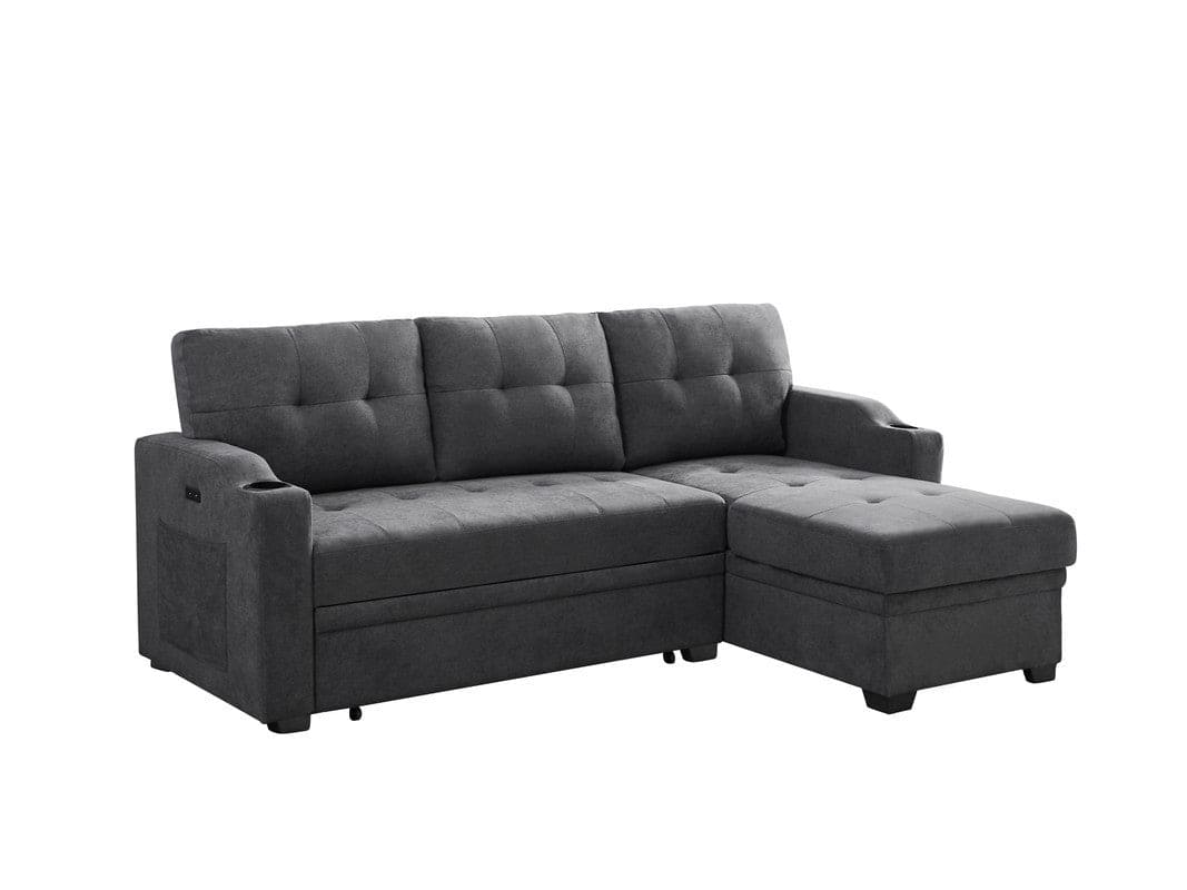 Mabel Dark Gray Woven Fabric Sleeper Sectional with cupholder, USB charging port and pocket