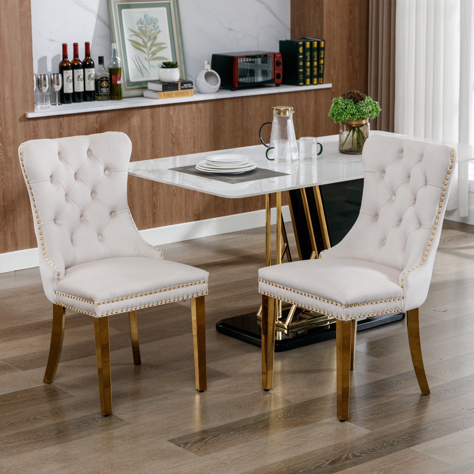 A&A Furniture,Nikki Collection Modern, High-end Tufted Solid Wood Contemporary Velvet Upholstered Dining Chair with Golden Stainless Steel Plating Legs,Nailhead Trim,Set of 2,Beige and Gold, SW1601BG