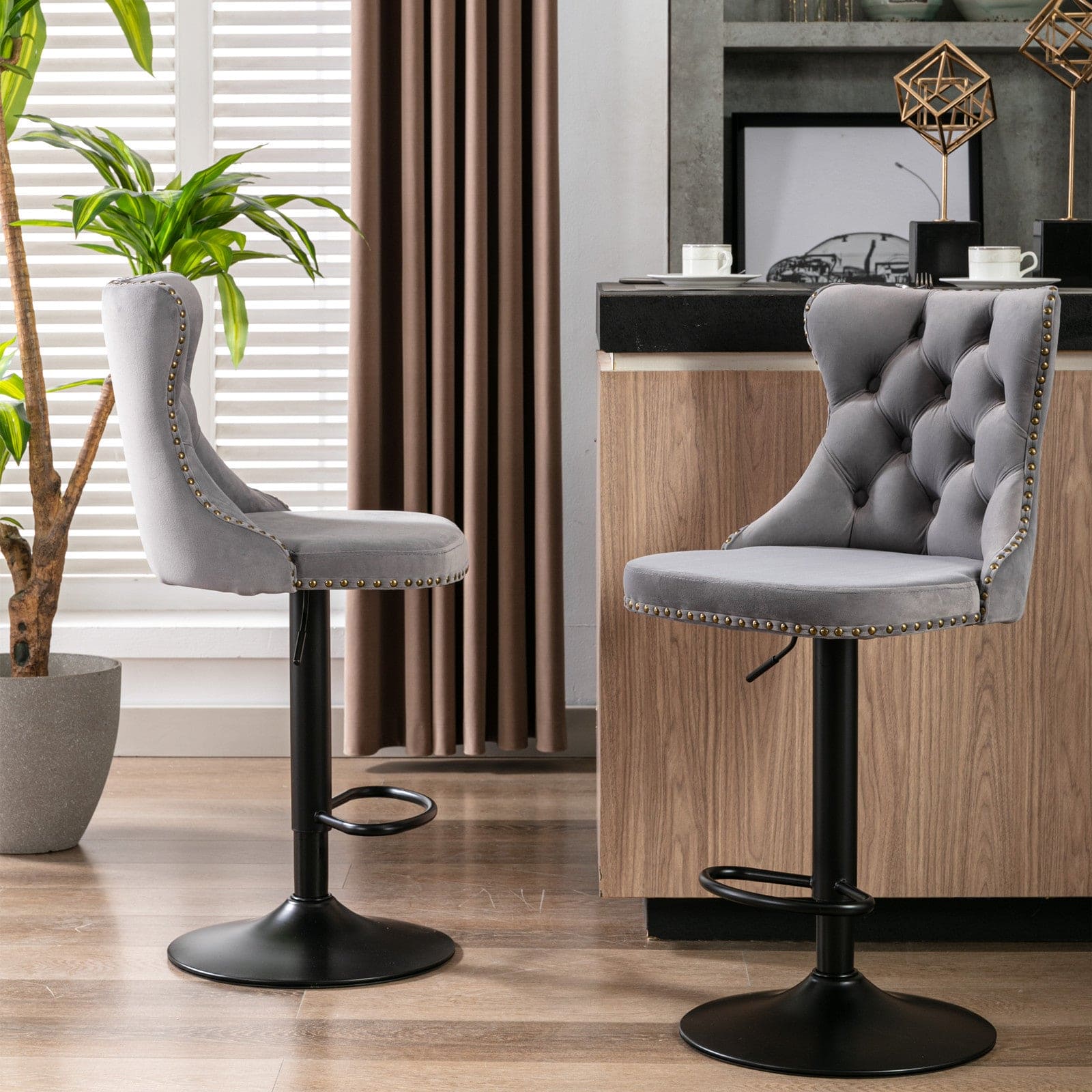 A&A Furniture,Swivel Velvet Barstools Adjusatble Seat Height from 25-33 Inch, Modern Upholstered Bar Stools with Backs Comfortable Tufted for Home Pub and Kitchen Island（Gray,Set of 2）