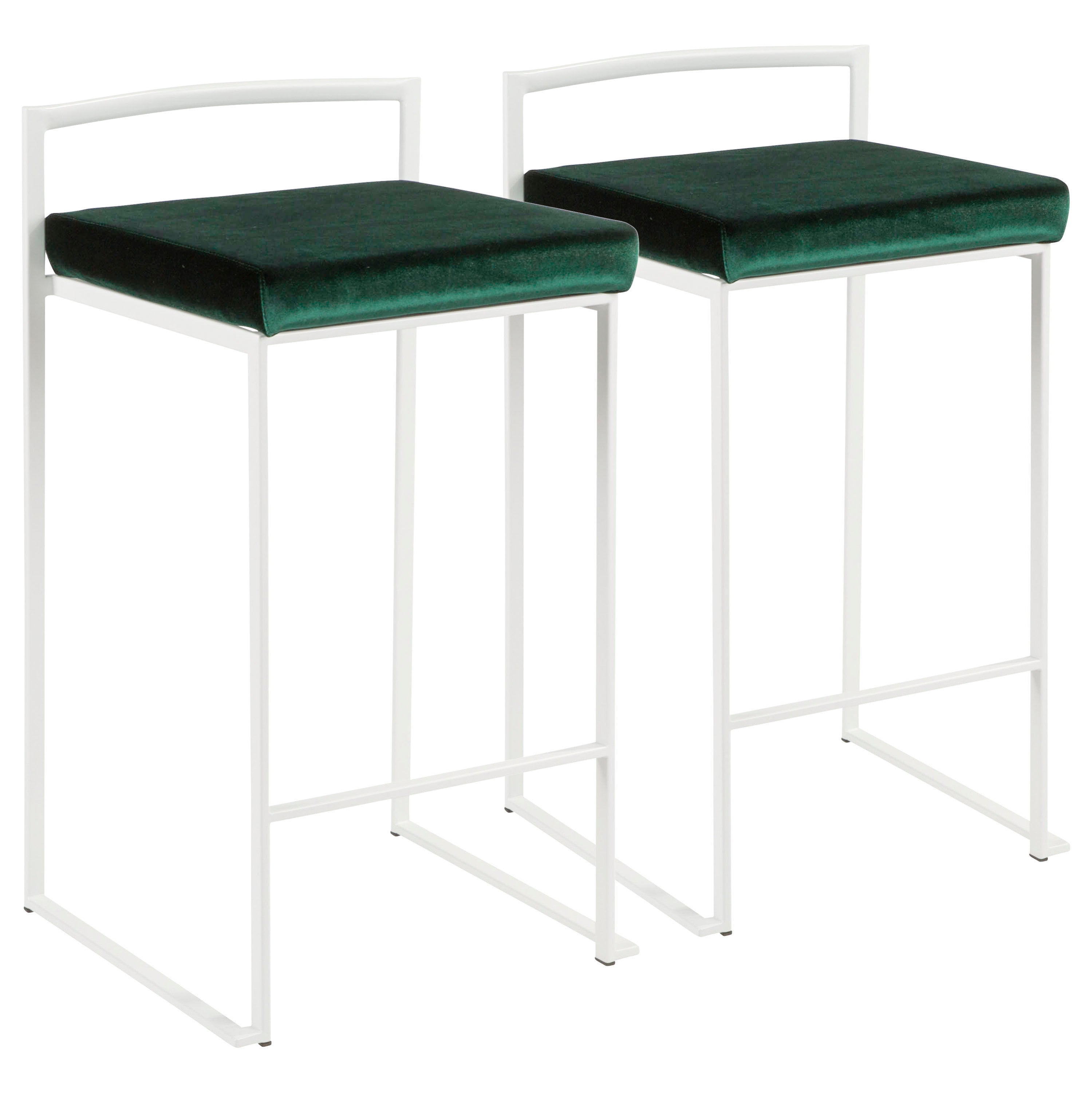 Fuji Contemporary Stackable Counter Stool in White with Green Velvet Cushion by LumiSource - Set of 2