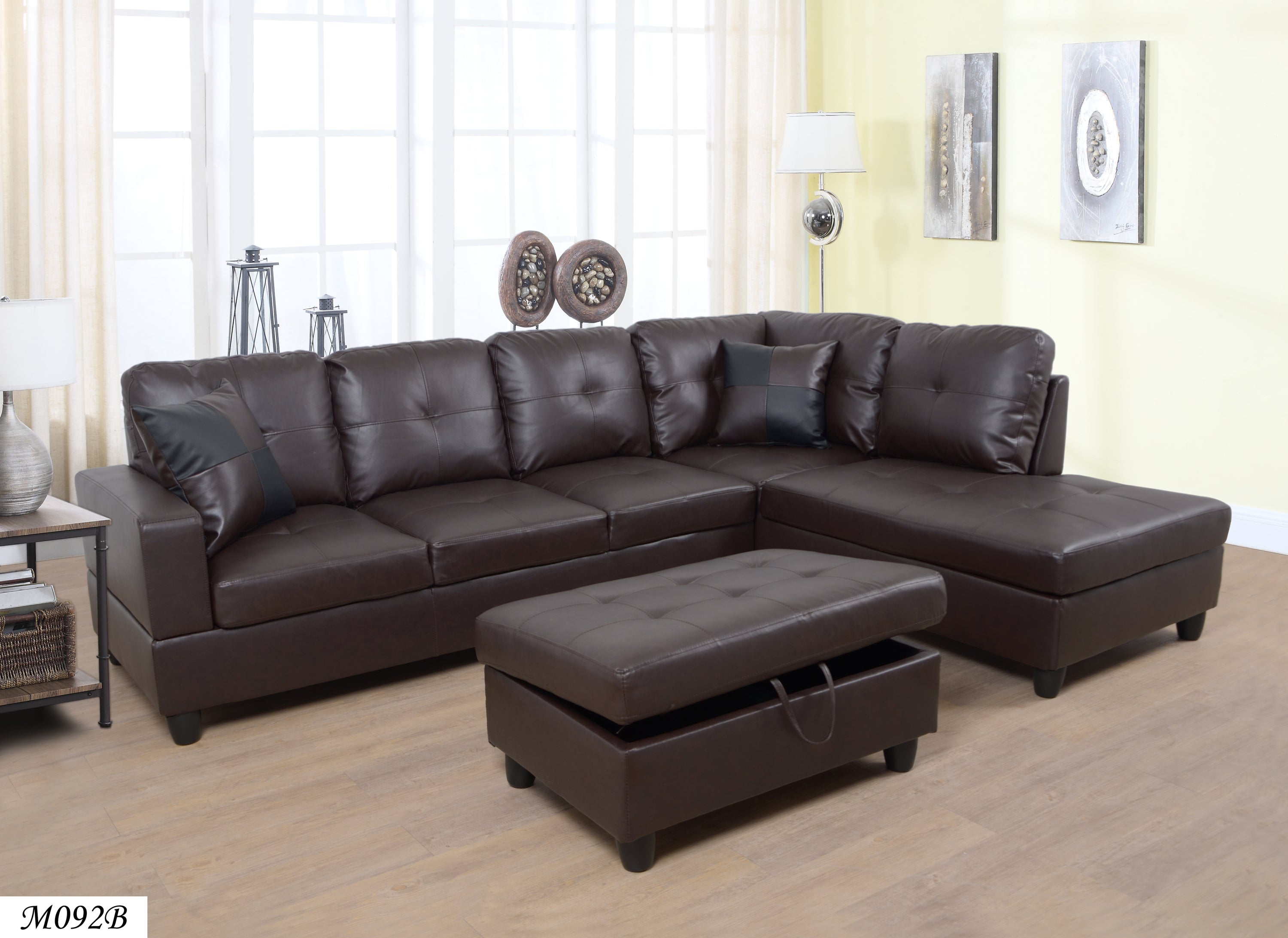 3 PC Sectional Sofa Set, (Brown) Faux Leather left -Facing Chaise with Free Storage Ottoman