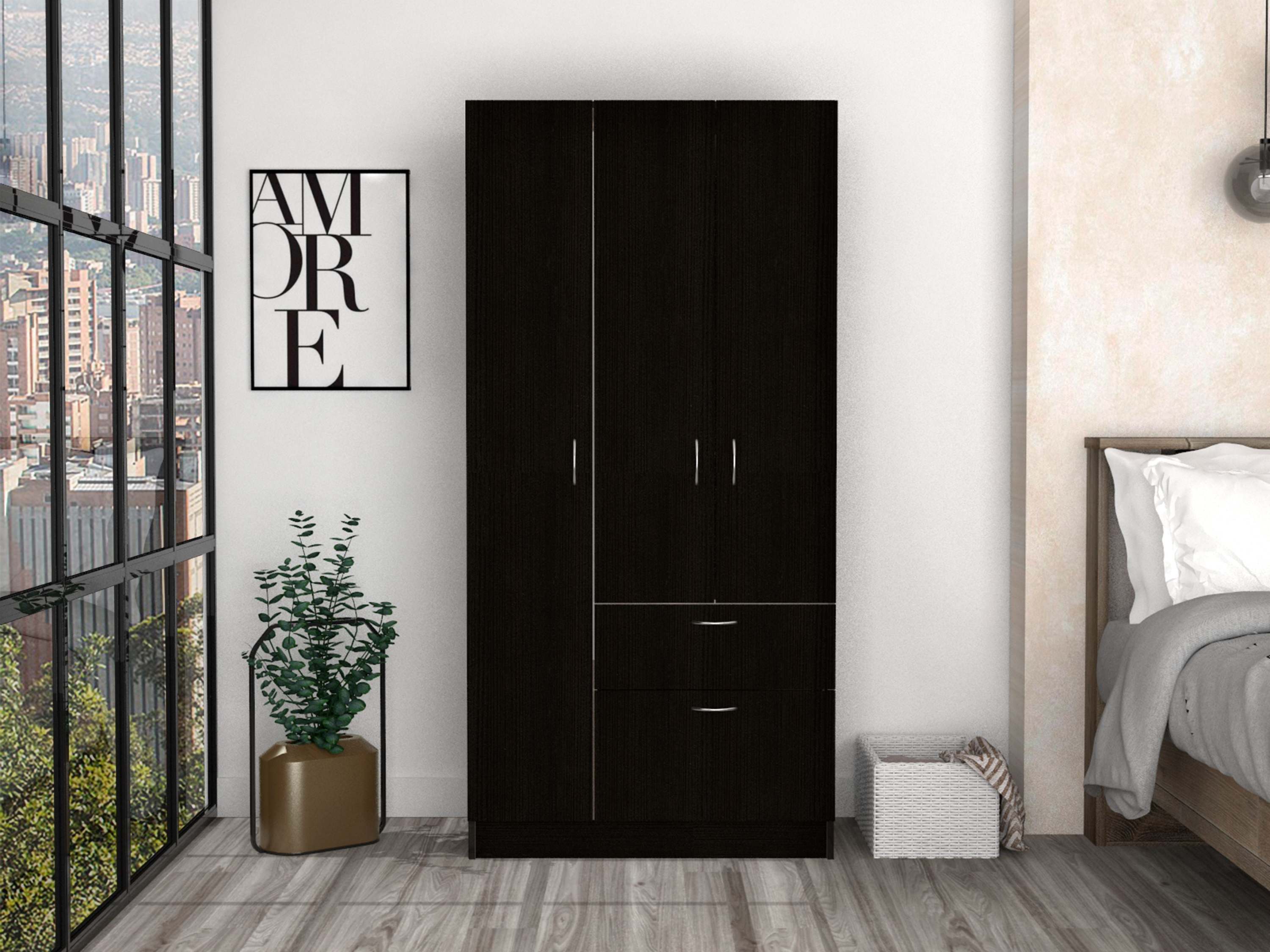 Primavera Armoire, Double Door Cabinets, One Drawer, Metal Rod, Five Shelves -Black / White