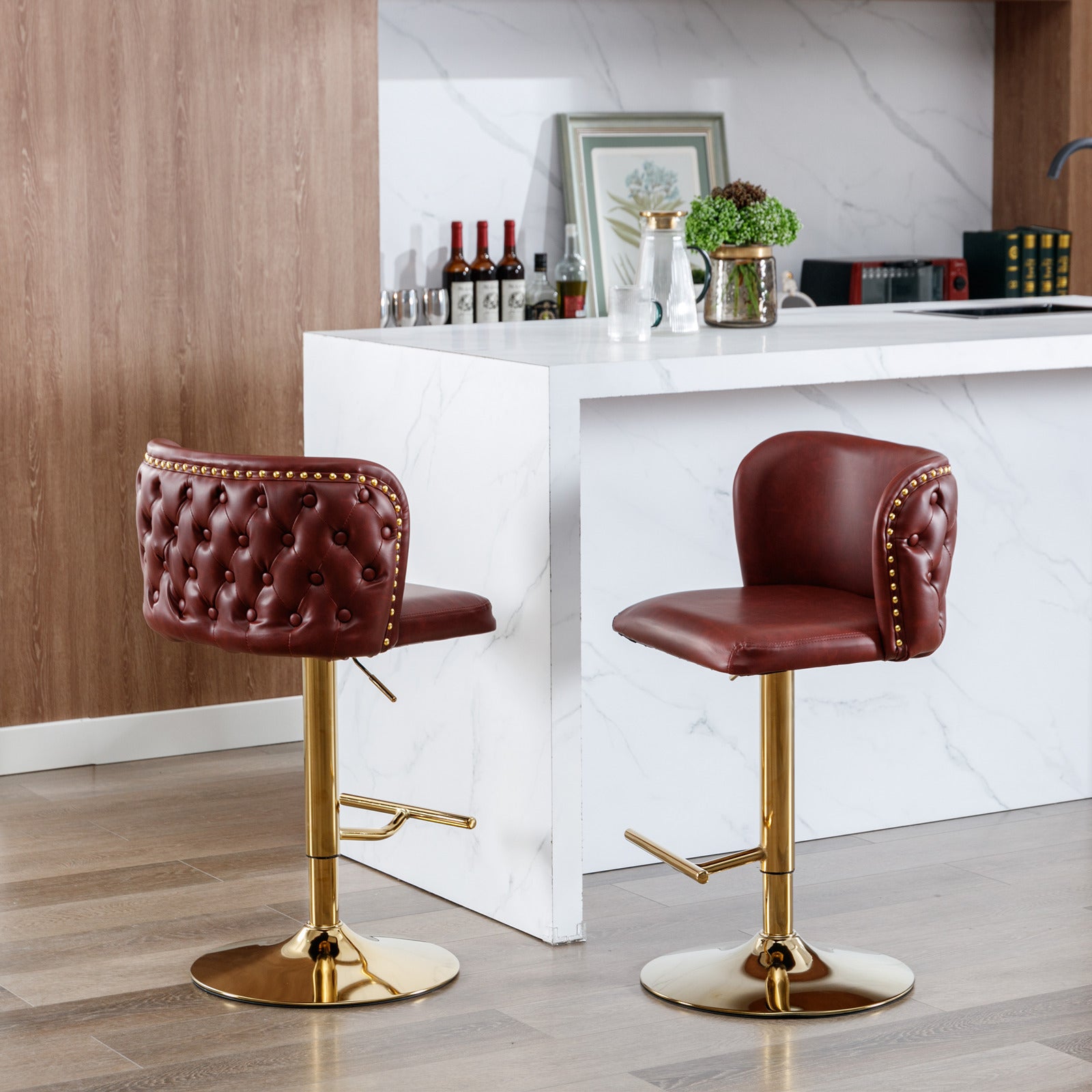 A&A Furniture,Swivel Barstools Adjusatble Seat Height, Modern PU Upholstered Bar Stools with  the whole Back Tufted, for Home Pub and Kitchen Island（Wine Red, Burgundy, Set of 2）