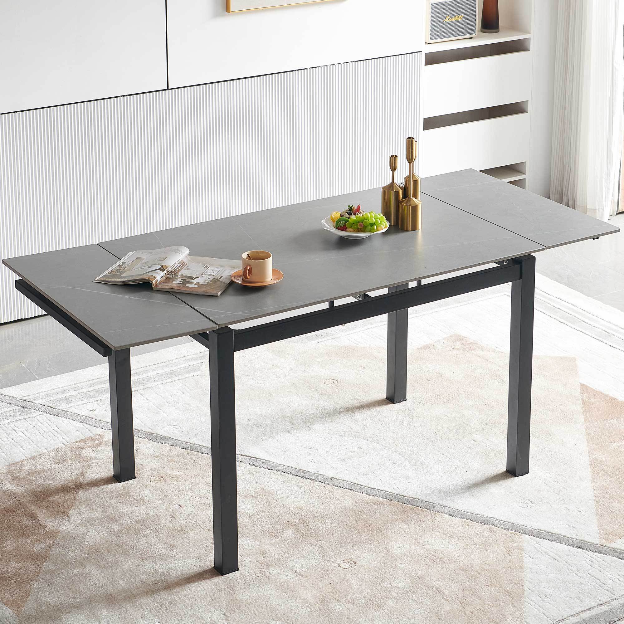 Grey Ceramic Modern Rectangular Expandable Dining Room Table For Space-Saving Kitchen Small Space -Table Top