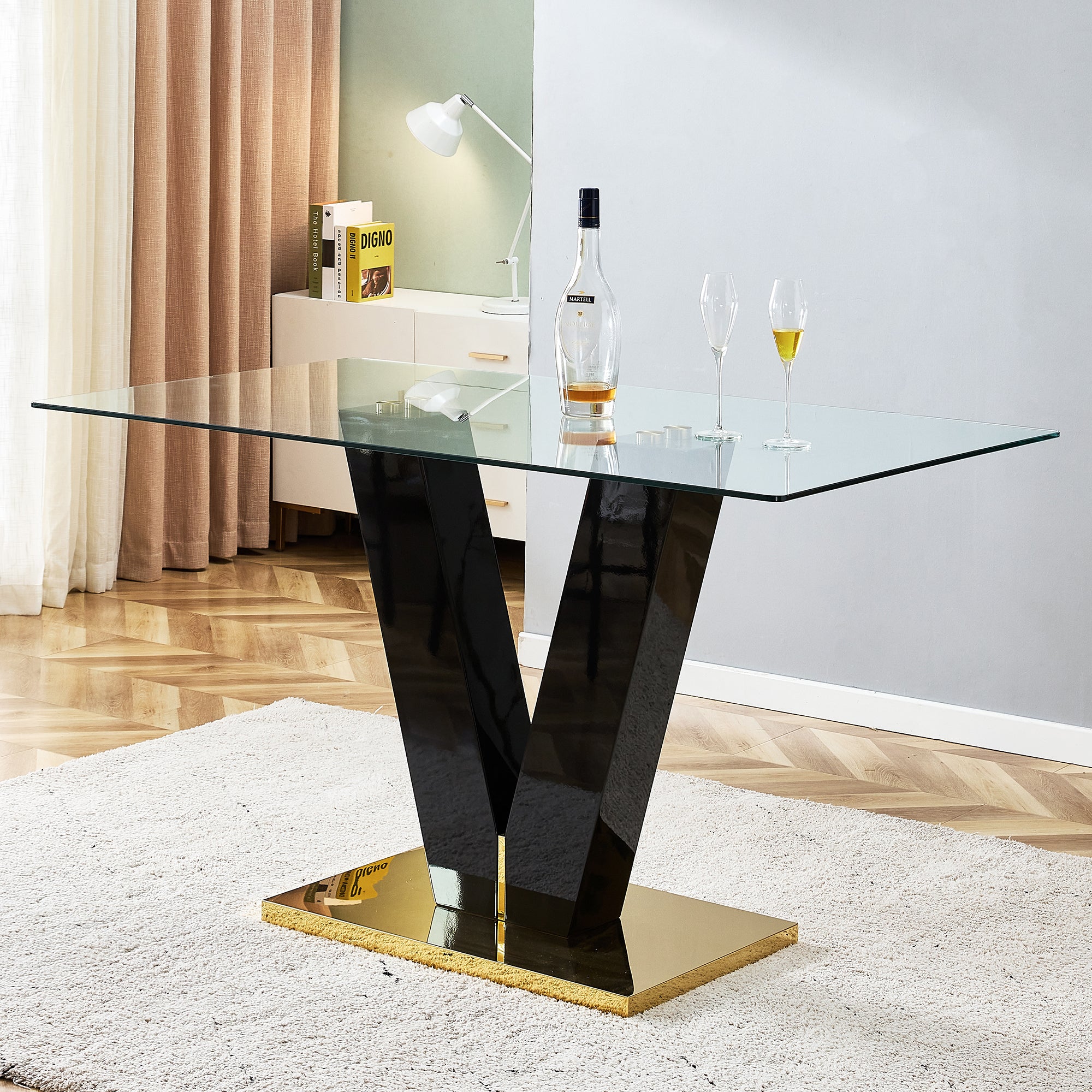 Large Modern Minimalist Rectangular Glass Dining Table for 6-8 with 0.39" Tempered Glass Tabletop and MDF slab V-Shaped Bracket,For Kitchen Dining Living Meeting Room Banquet Hall F-V-16090-TRB