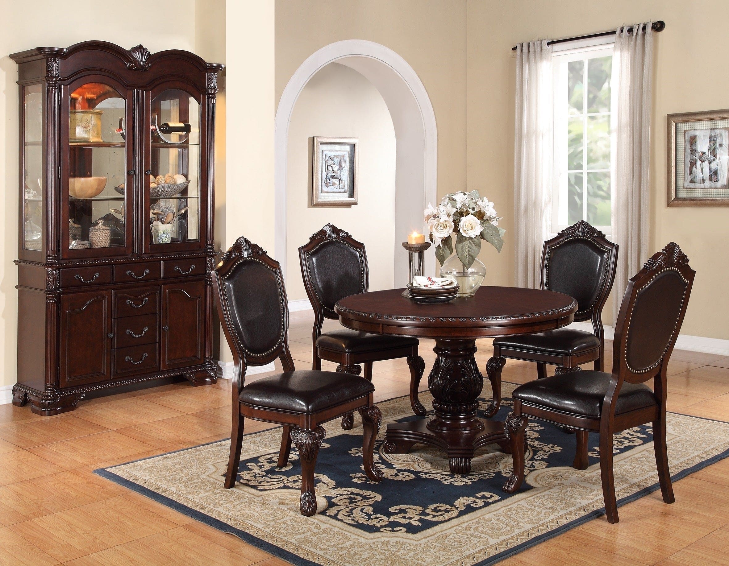 Classic Formal Dining Room Table And 4x Side Chairs Brown 5pc Set Dining Table Pedestal Base Antique Round Table Faux Leather Upholstered Chair