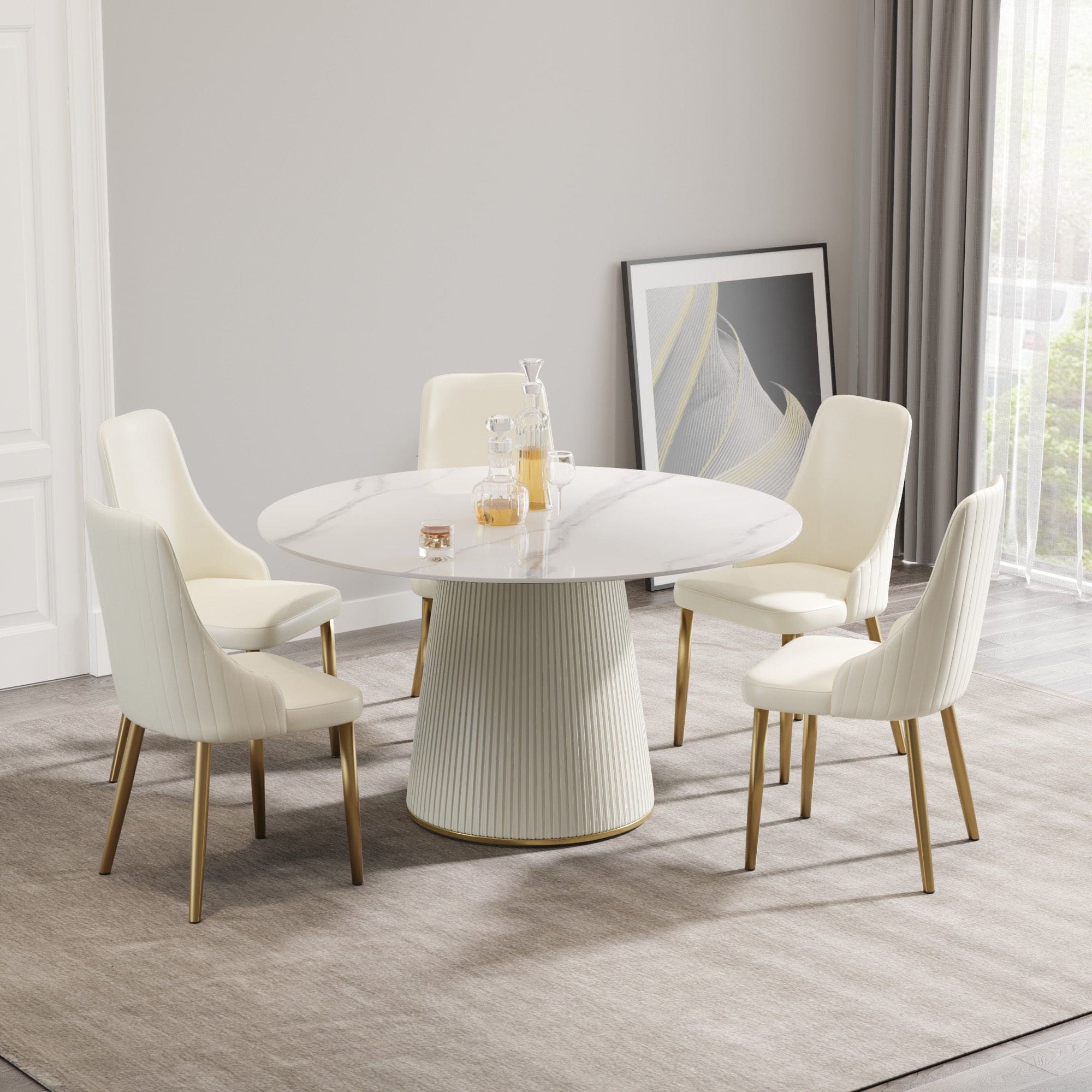 53.15 "Modern white artificial stone round beige plywood PU base dining table-can accommodate 6 people. (Not including chairs. )