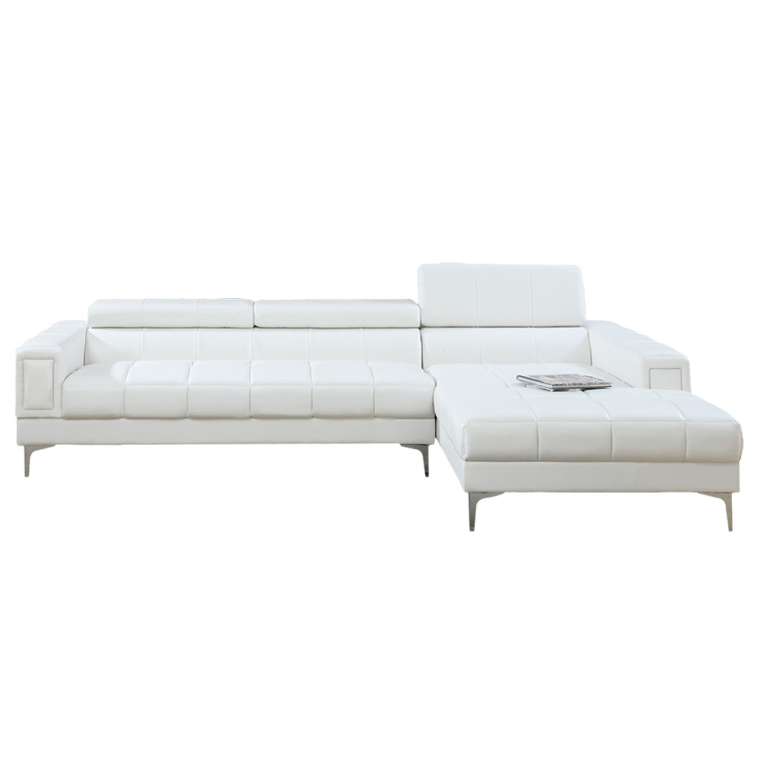 Bonded Leather Sectional Sofa with Adjustable Headrest in White