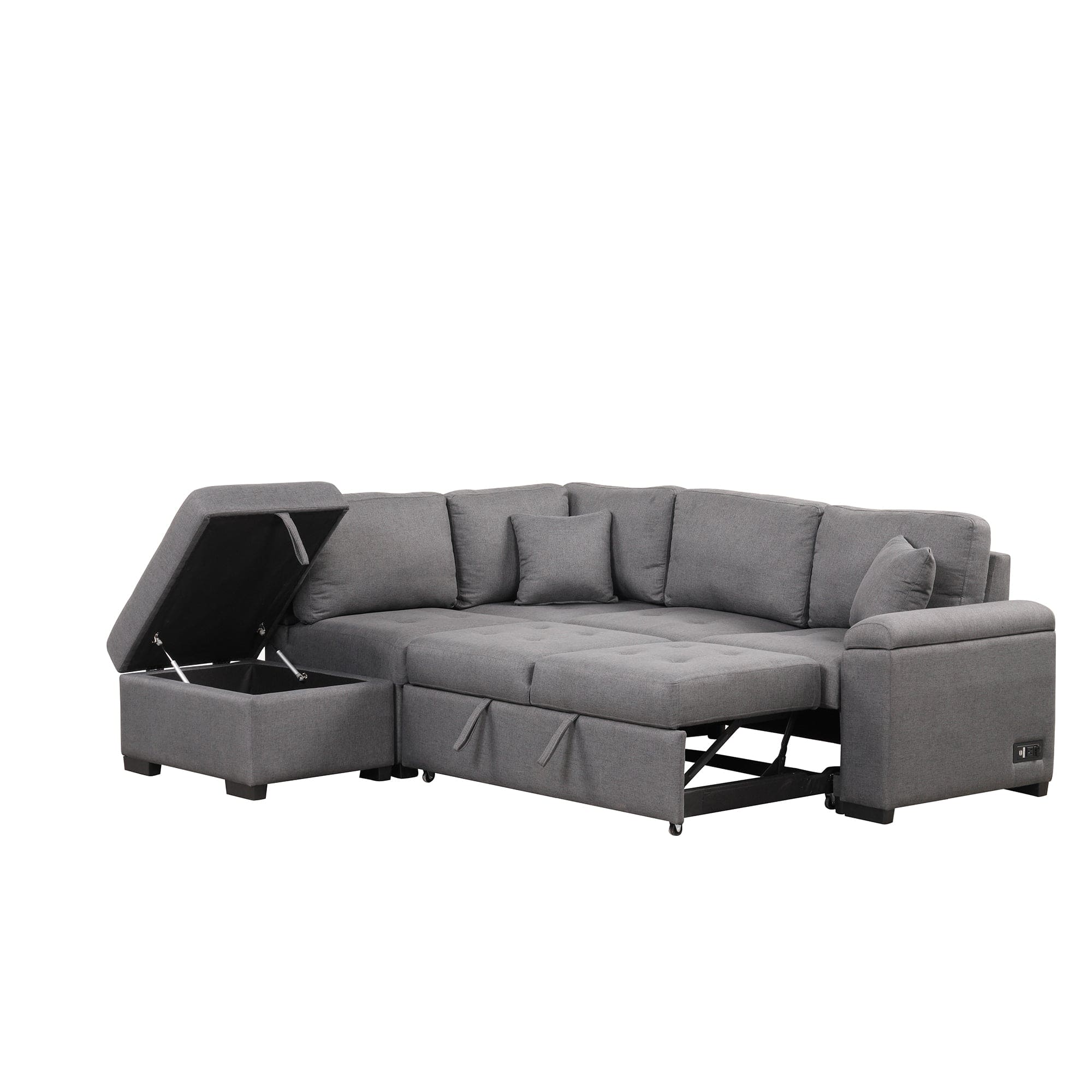 Sleeper Sectional Sofa, L-Shape Corner Couch Sofa-Bed with Storage Ottoman & Hidden Arm Storage & USB Charge  for Living Room Apartment, Dark Gray