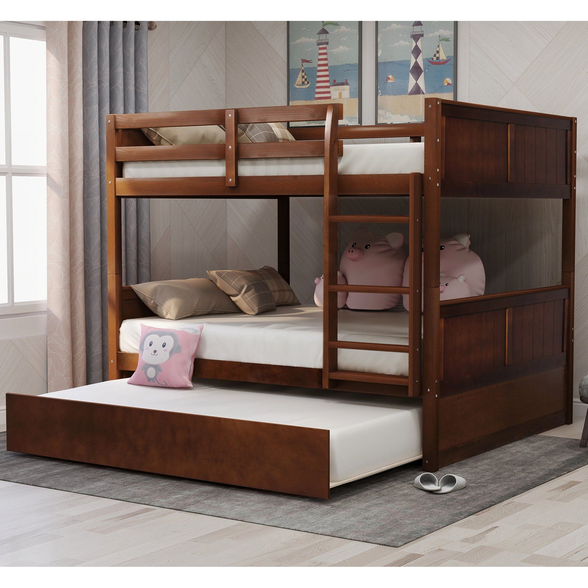 Full Over Full Bunk Bed with Twin Size Trundle, Walnut (old sku: LP000250AAL)