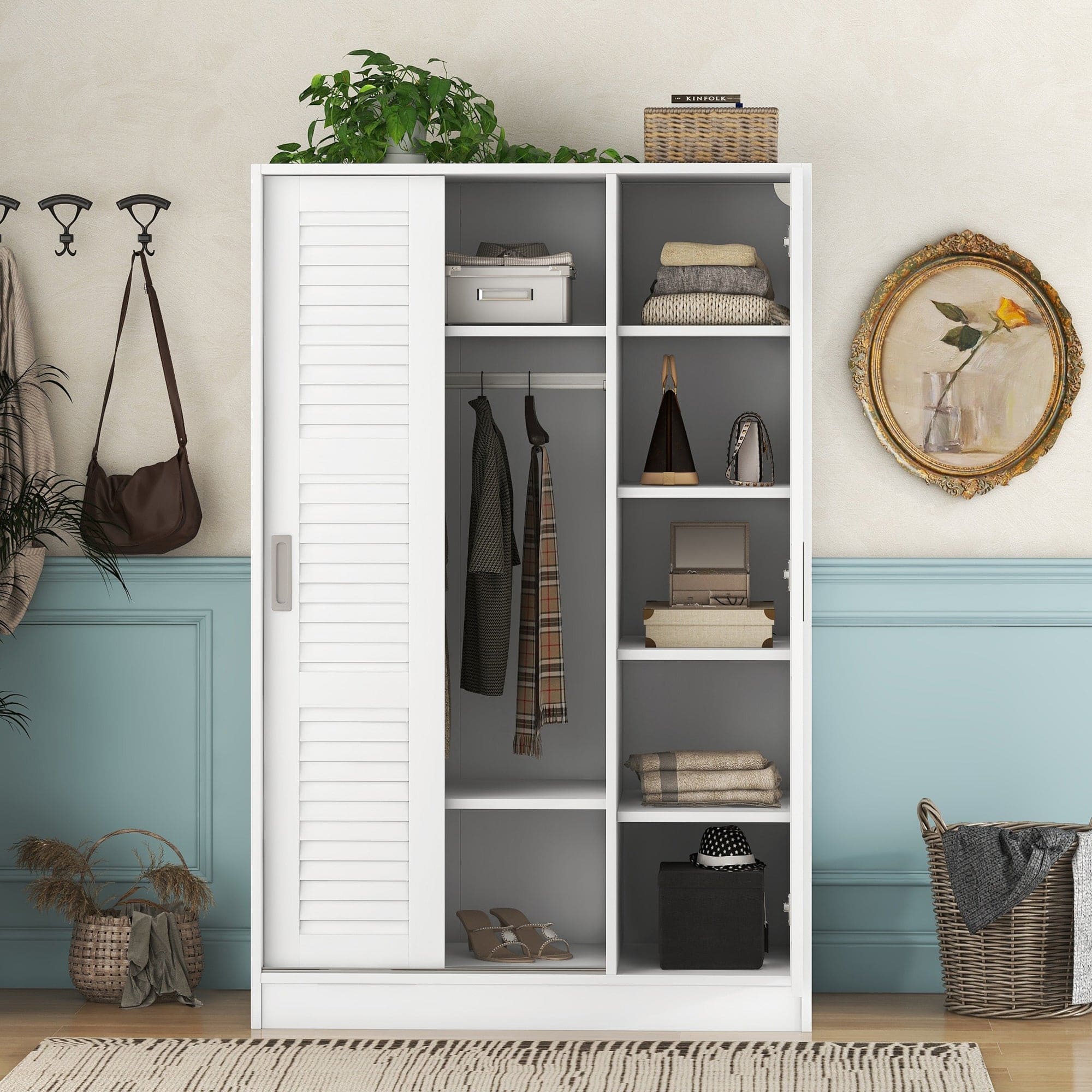 3-Door Shutter Wardrobe with shelves, White