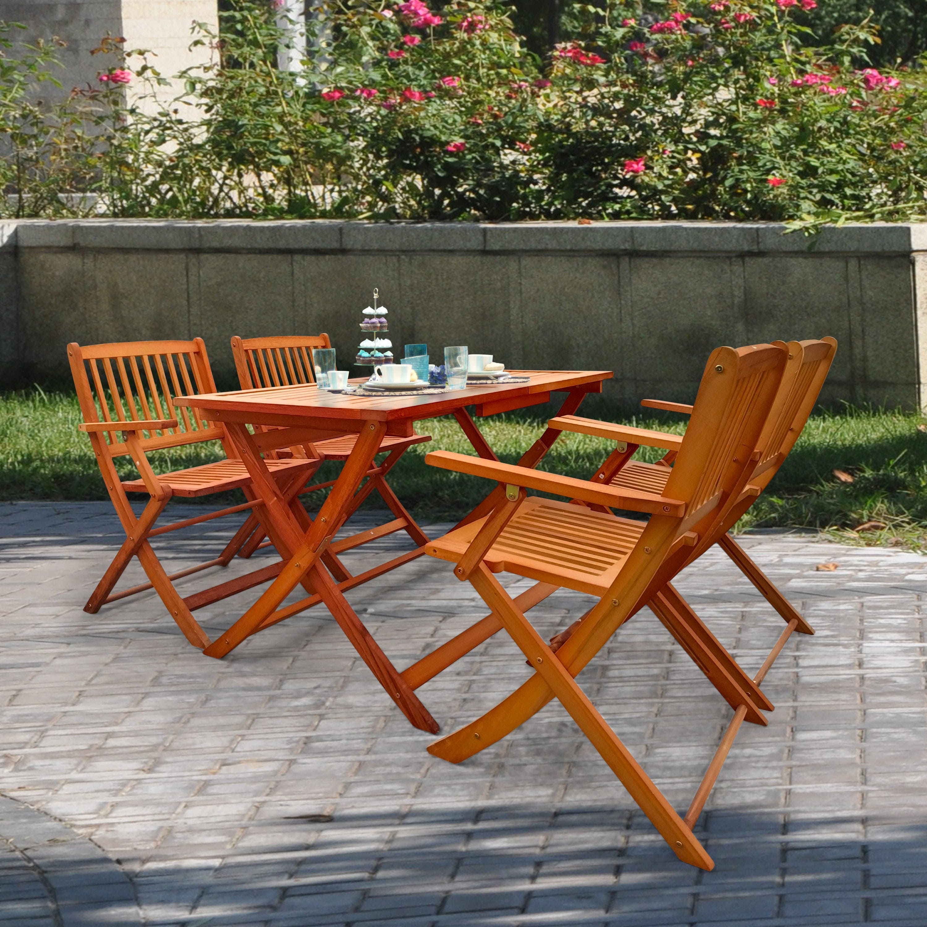 Foldable Patio Dining Set, 4 Folding Chairs & 1 Dining Table, Indoor and outdoor universal,Teak