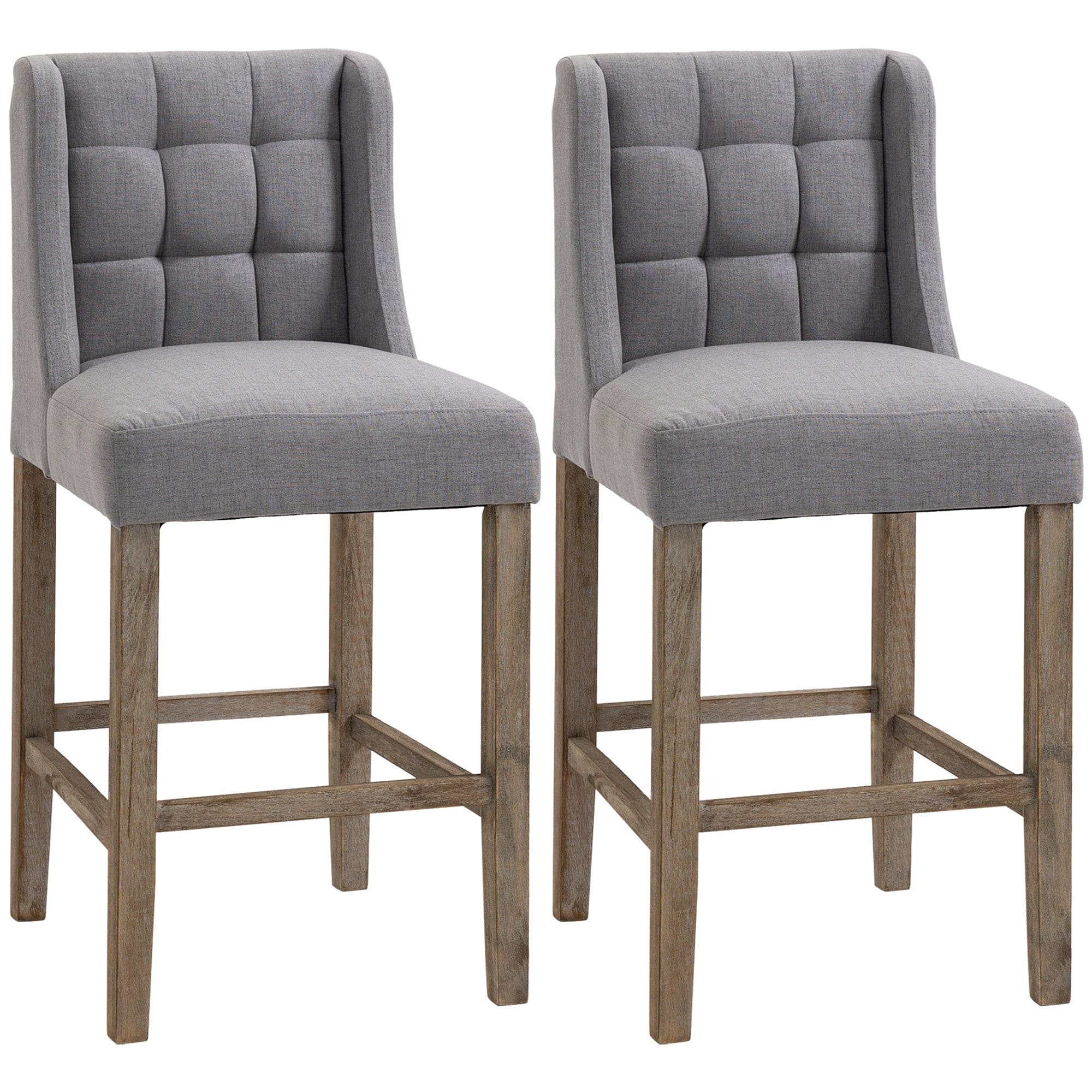 HOMCOM Modern Bar Stools, Tufted Upholstered Barstools, Pub Chairs with Back, Rubber Wood Legs for Kitchen, Dinning Room, Set of 2, Grey