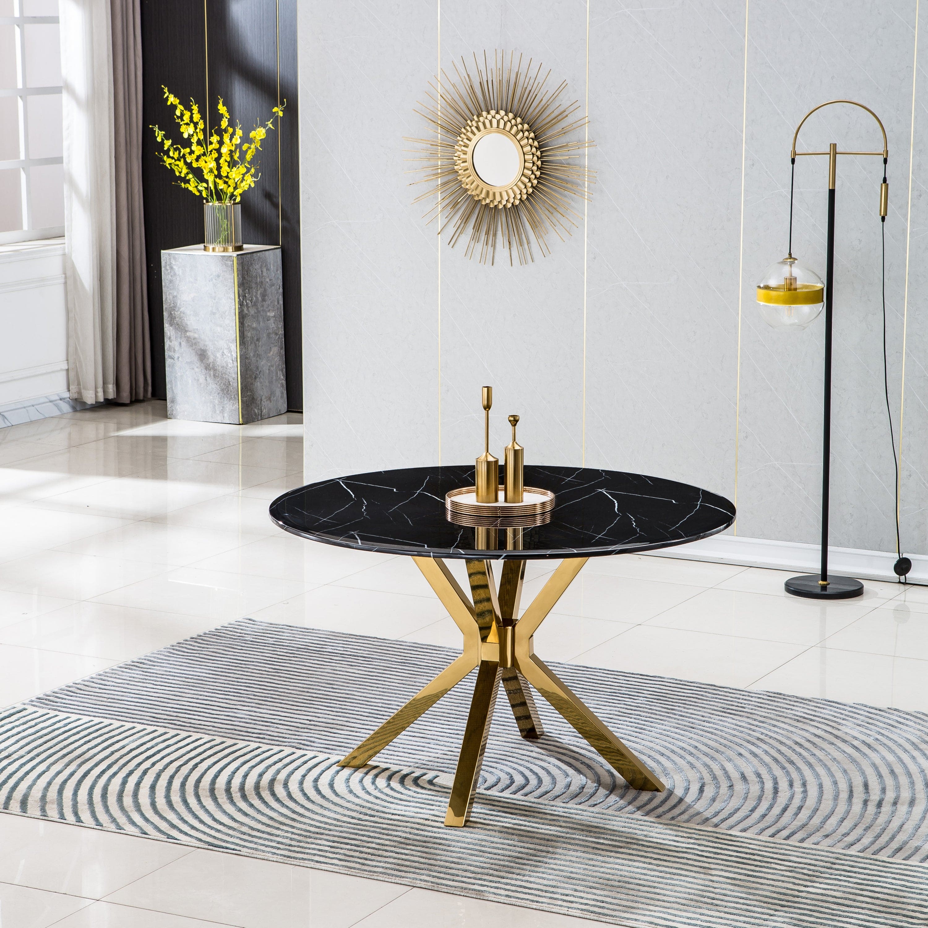 Modern Round Marble Table for Dining Room/Kitchen, 1.02" Thick Marble Top, Gold Finish Stainless Steel Base, Size:47"Lx47"Dx30"H(Not Including Chairs)