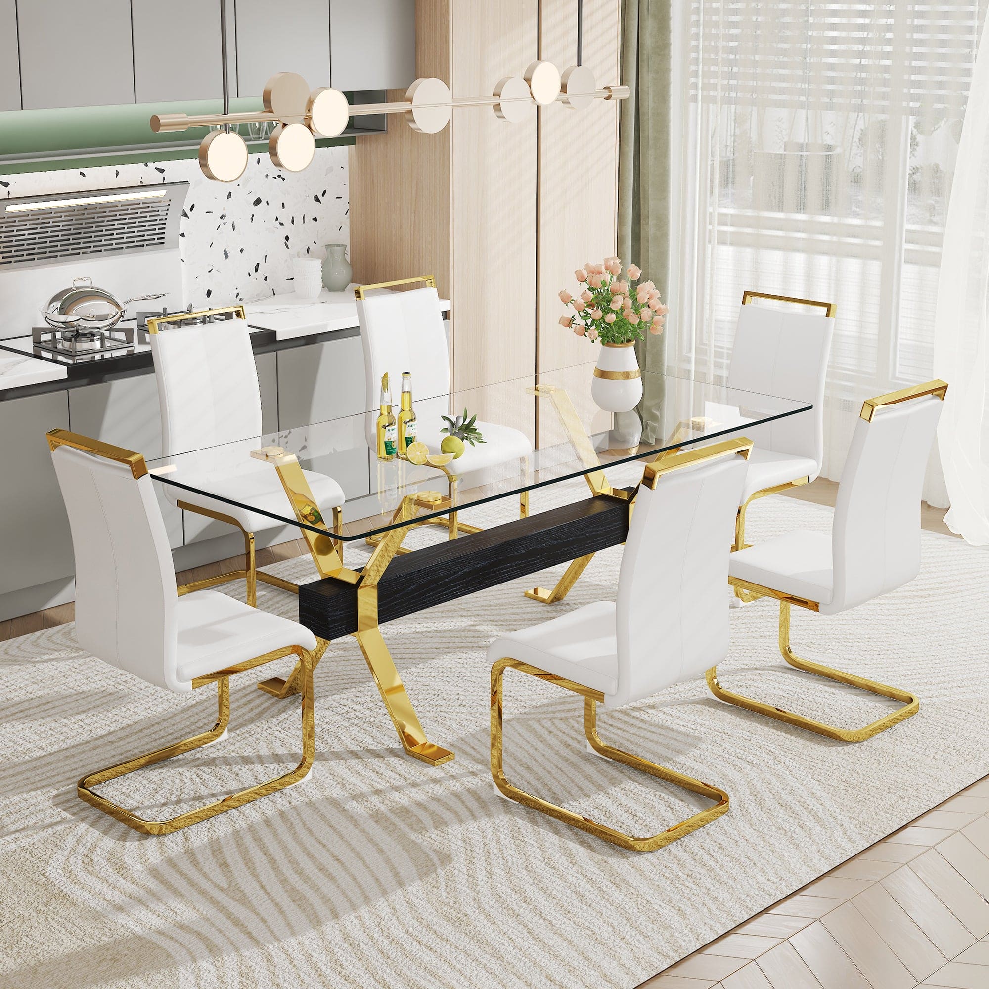 1 table and 6 chairs. Modern, simple and luxurious tempered glass rectangular dining table and desk with 6 white PU gold plated leg chairs 79''x39''x30''