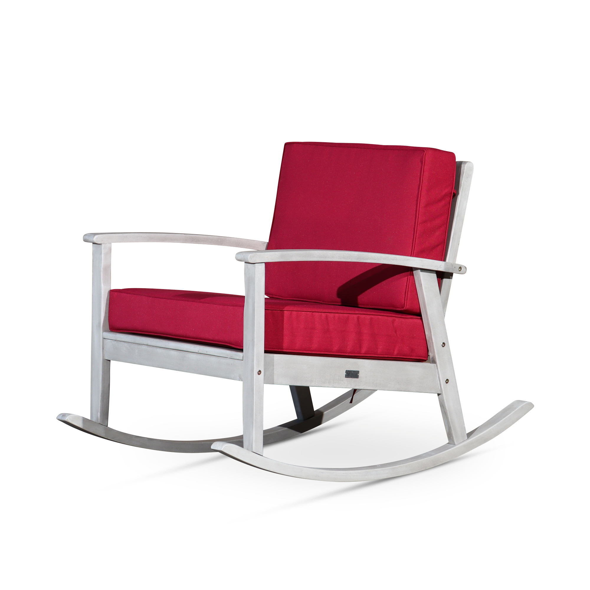 Eucalyptus Rocking Chair with Cushions, Silver Gray Finish, Burgundy Cushions