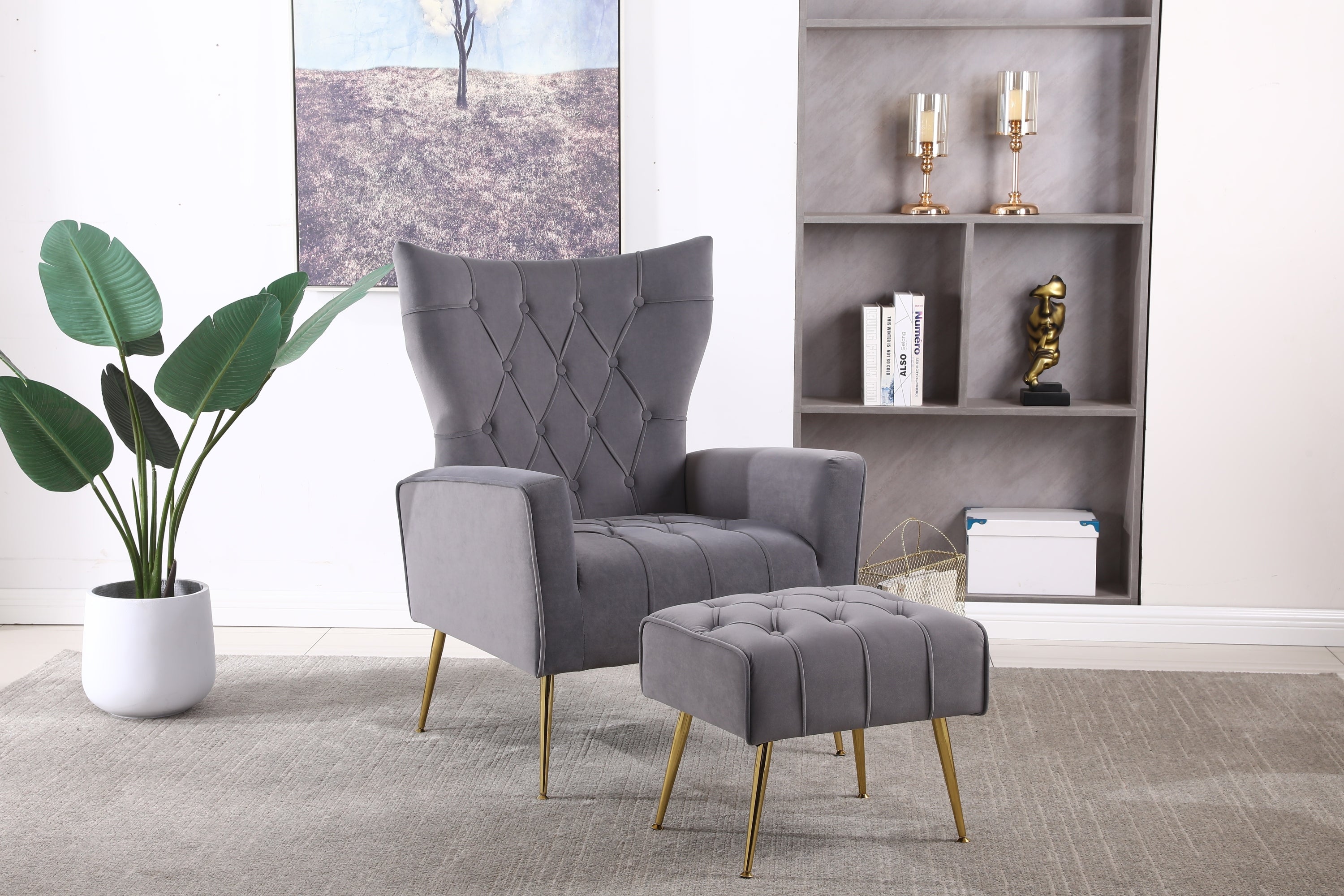 Modern Accent Chair with Ottoman,  Comfy  Armchair for Living Room, Bedroom, Apartment, Office (Grey)